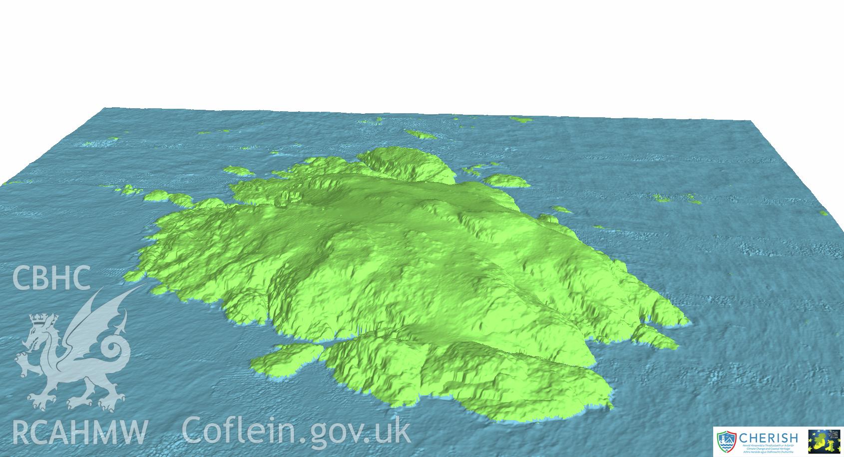 Ynys Gwales (Grassholm Island). Airborne laser scanning (LiDAR) commissioned by the CHERISH Project 2017-2021, flown by Bluesky International LTD at low tide on 24th February 2017. View showing Grassholm Island facing south-west.