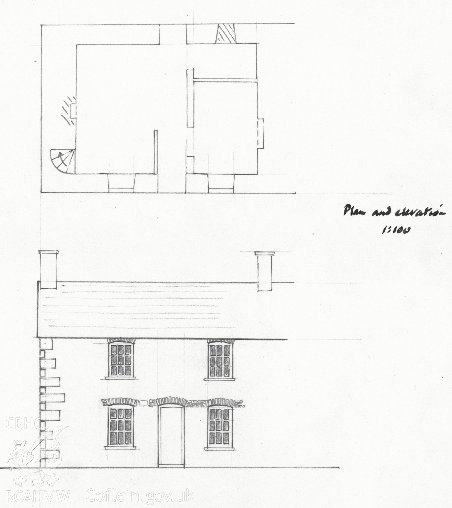 Digital copy of plan and elevation sketch of 1 Cyfarthfa Row, Merthyr Tydfil, 1982 by A.J.Parkinson.