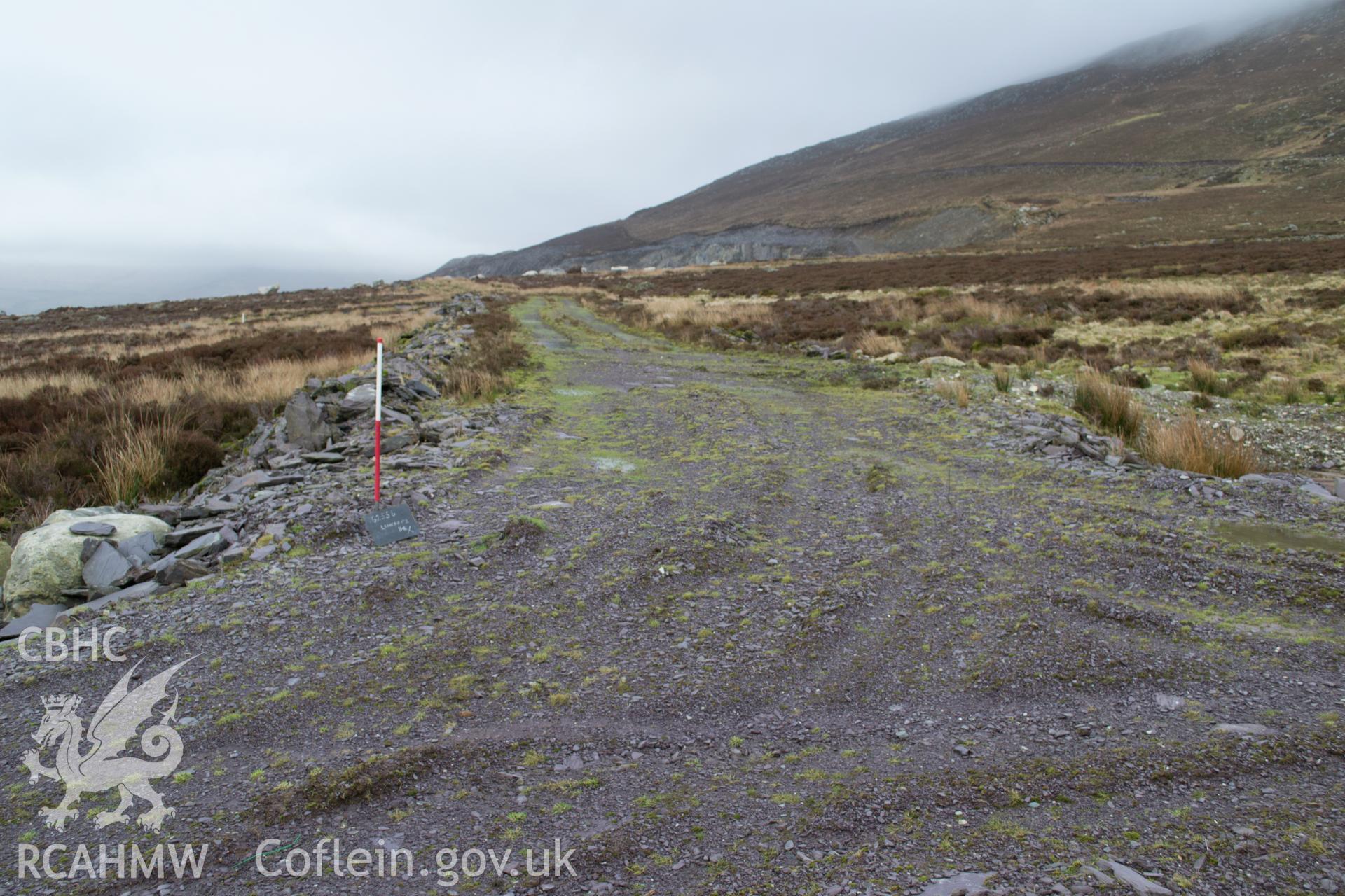 General view from south west 'of linear 02 taken from the "L" junction at south western end.' Photographed by Gwynedd Archaeological Trust as part of walkover survey of Penrhyn Quarry, Bethesda, on 20th February 2018. Project no. G2556.