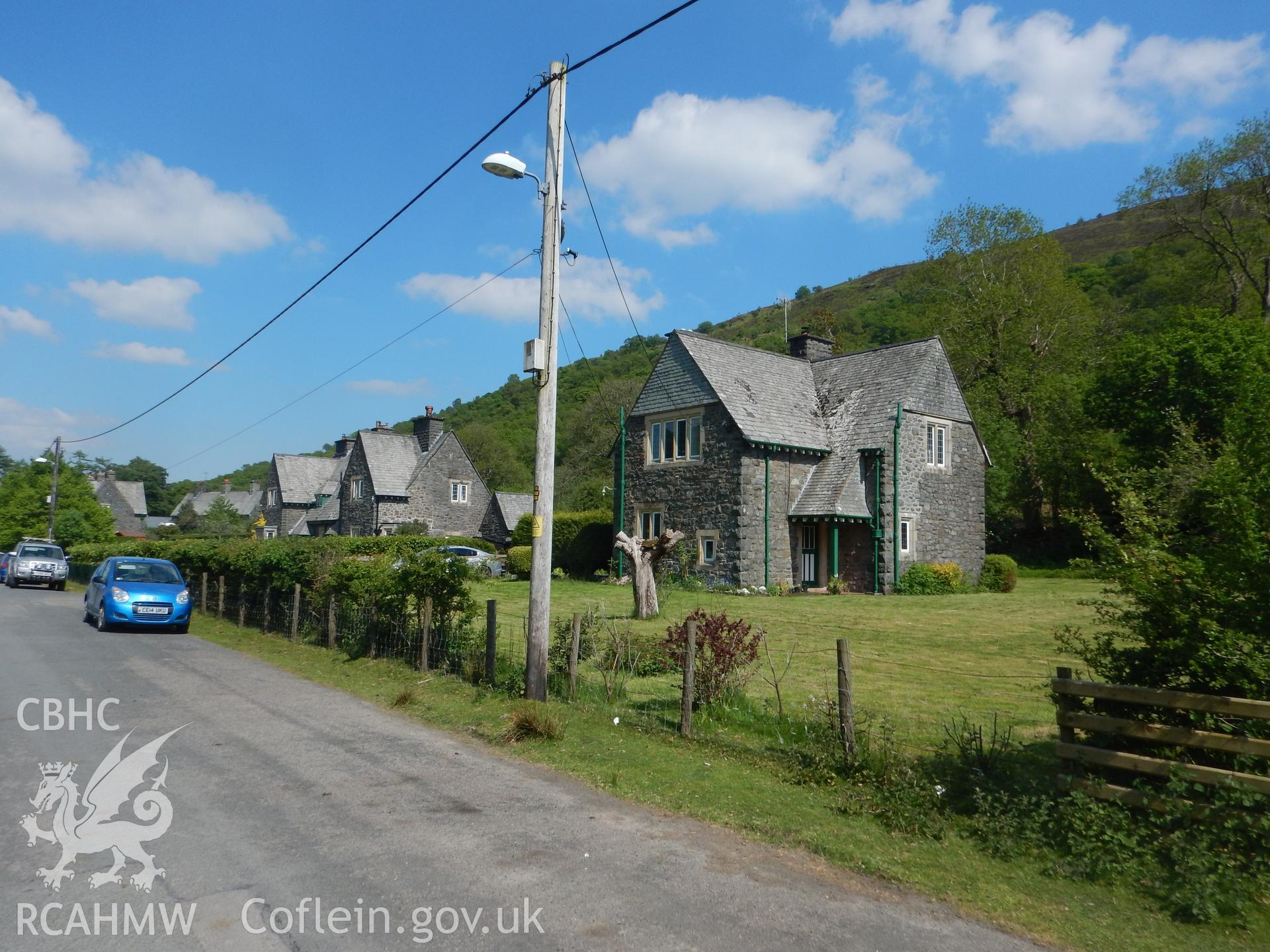 Houses in Arts and Crafts style in Elan Village, looking north-east. Photographed as part of Archaeological Desk Based Assessment of Afon Claerwen, Elan Valley, Rhayader, Powys. Assessment by Archaeology Wales in 2018. Report no. 1681. Project no. 2573.
