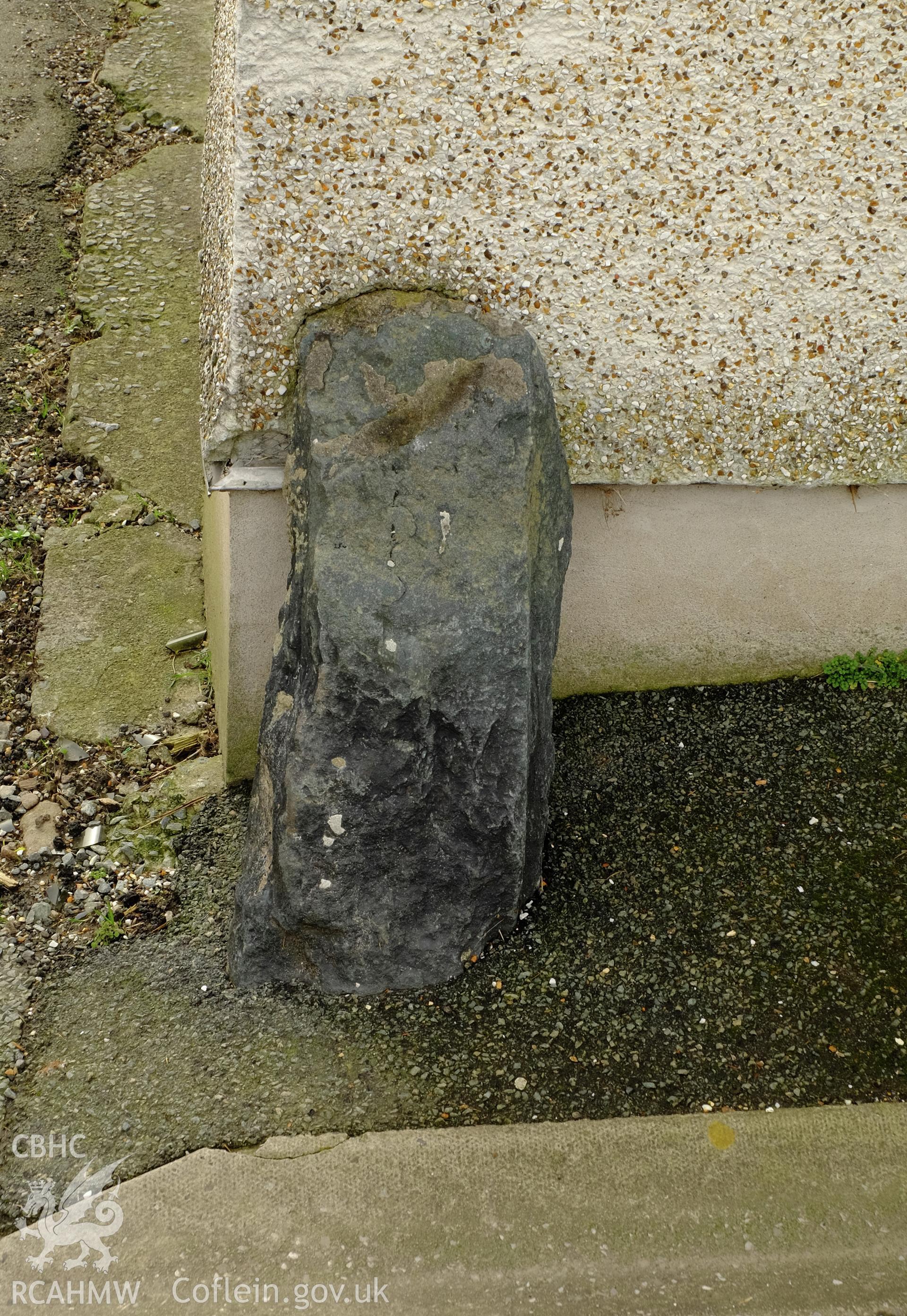 Colour photograph showing boulder at base of wall on Short Street, Gerlan, Bethesda, produced by Richard Hayman 16th March 2017