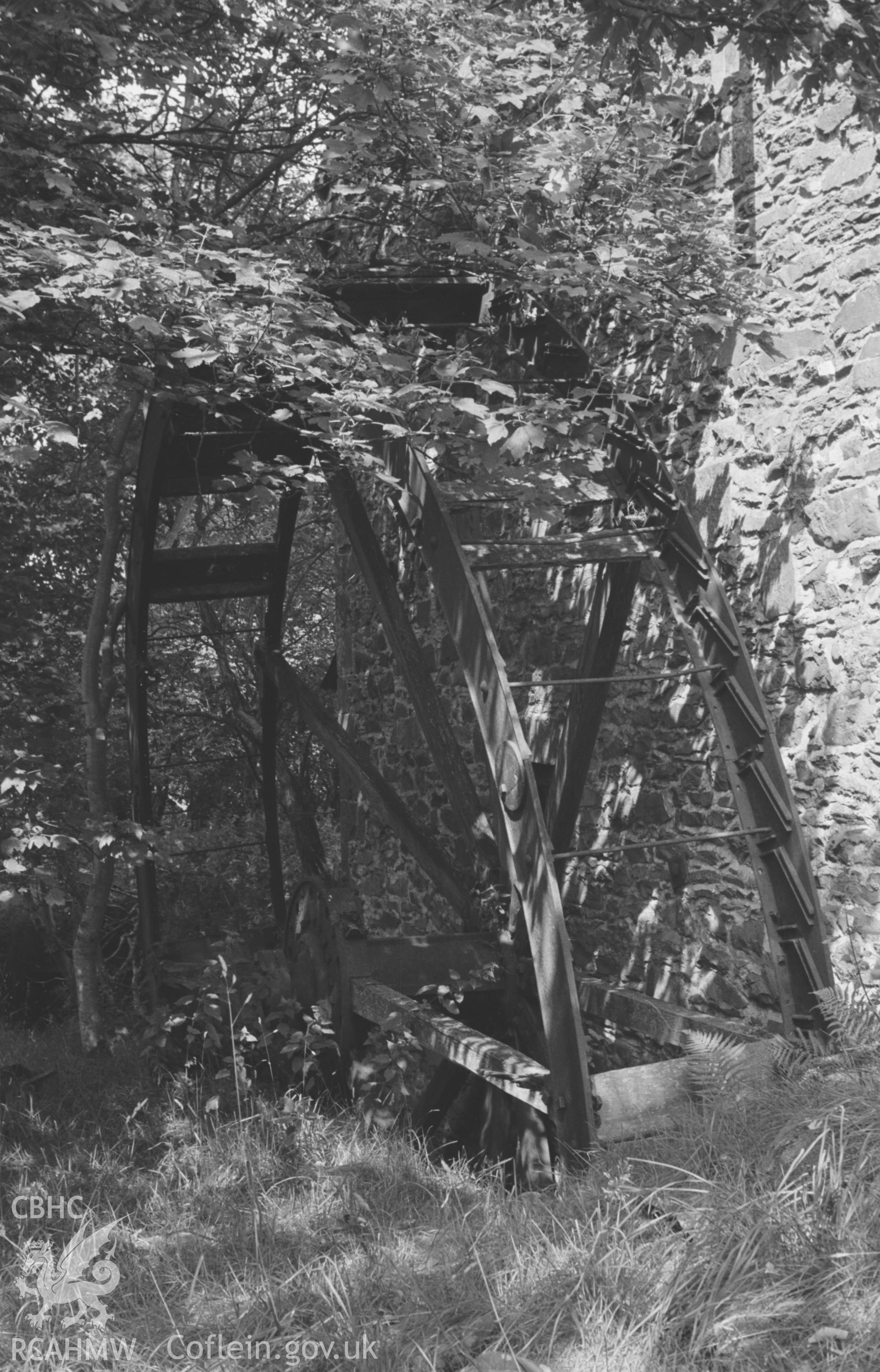 Digital copy of a black and white negative showing overshot waterwheel at Felin Fflur, Ystrad Fflur. Photographed by Arthur O. Chater in August 1967. (Looking north-west from Grid Reference SN 7204 6429).