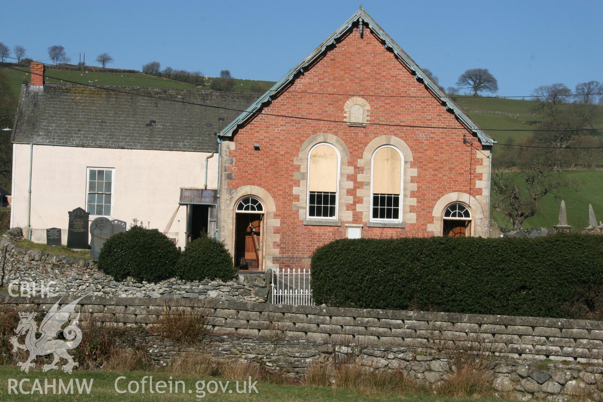 Photograph showing general exterior view of the front elevation of Llawrybettws Welsh Calvinistic Methodist chapel, Glanyrafon, Corwen. Produced by Tim Allen on 27th February 2019 to meet a condition attached to planning application.