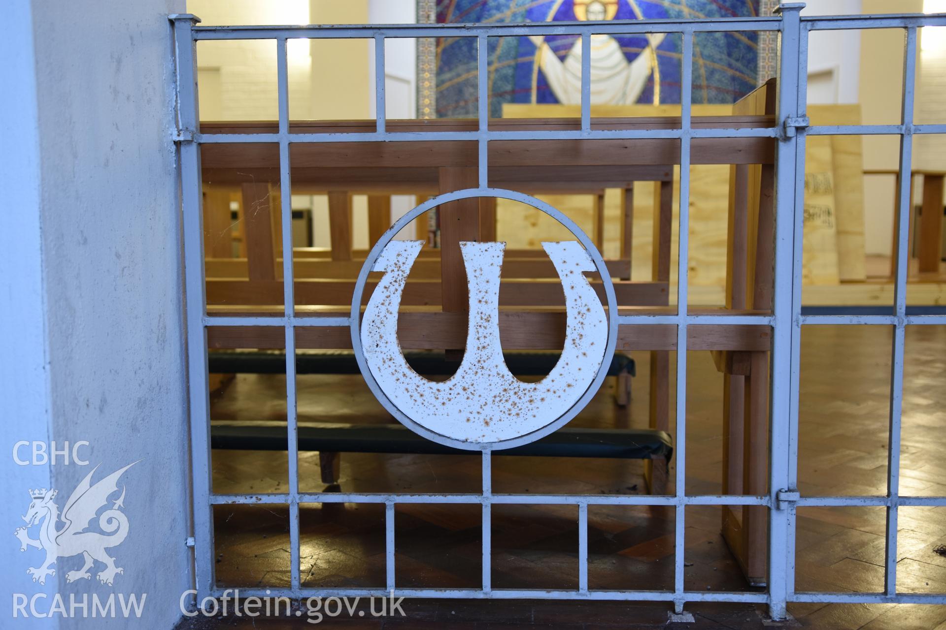 The Resurrection of Our Saviour Catholic Church, wrought iron gates to Baptistery. Photographed by Sue Fielding on 11th January 2019.