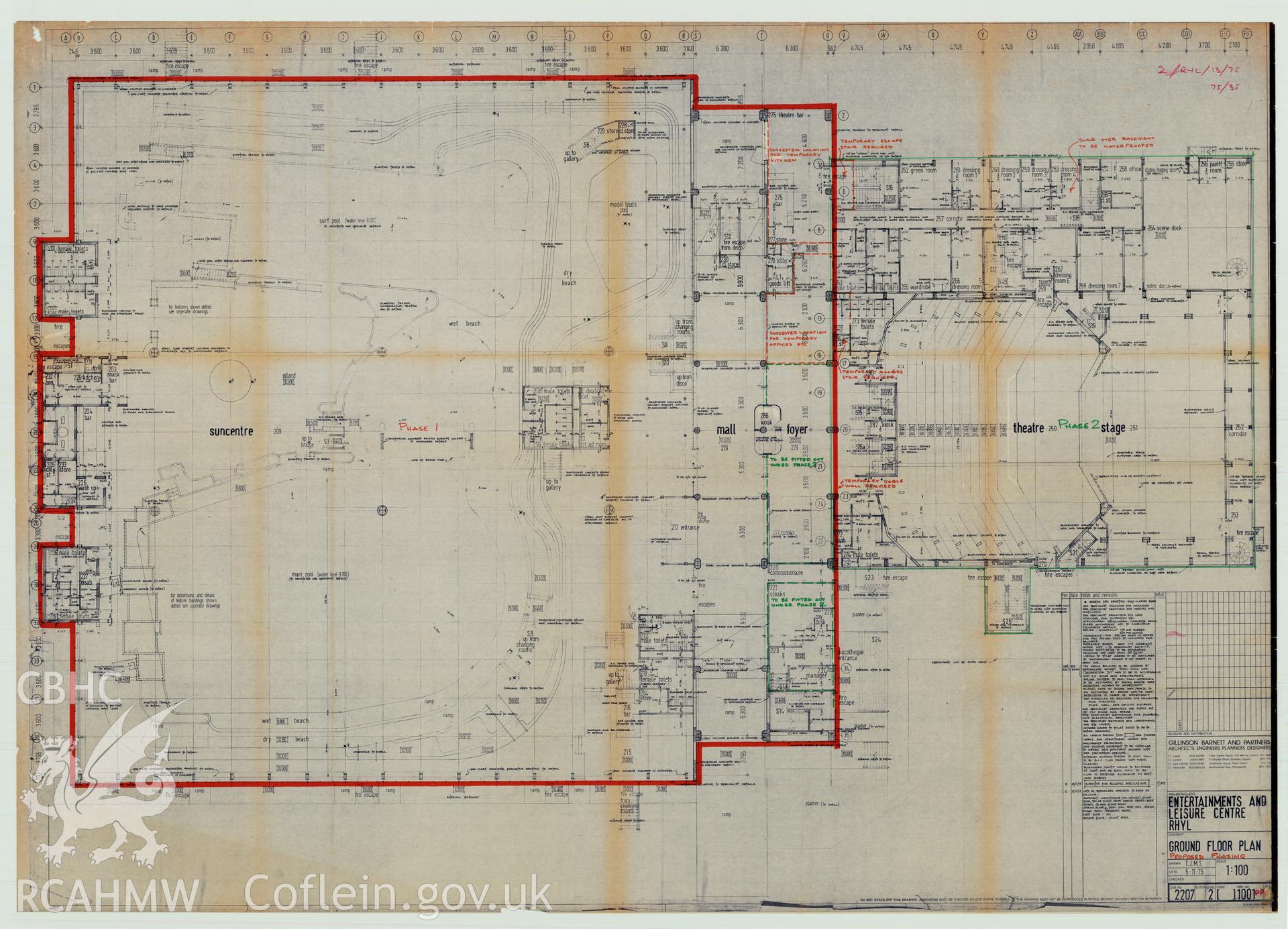 Digital copy of a measured drawing showing ground floor plan phasing proposals for the Sun Centre, Rhyl, produced by Gillinson Barnett and Partners. Loaned for copying by Denbighshire County Council.