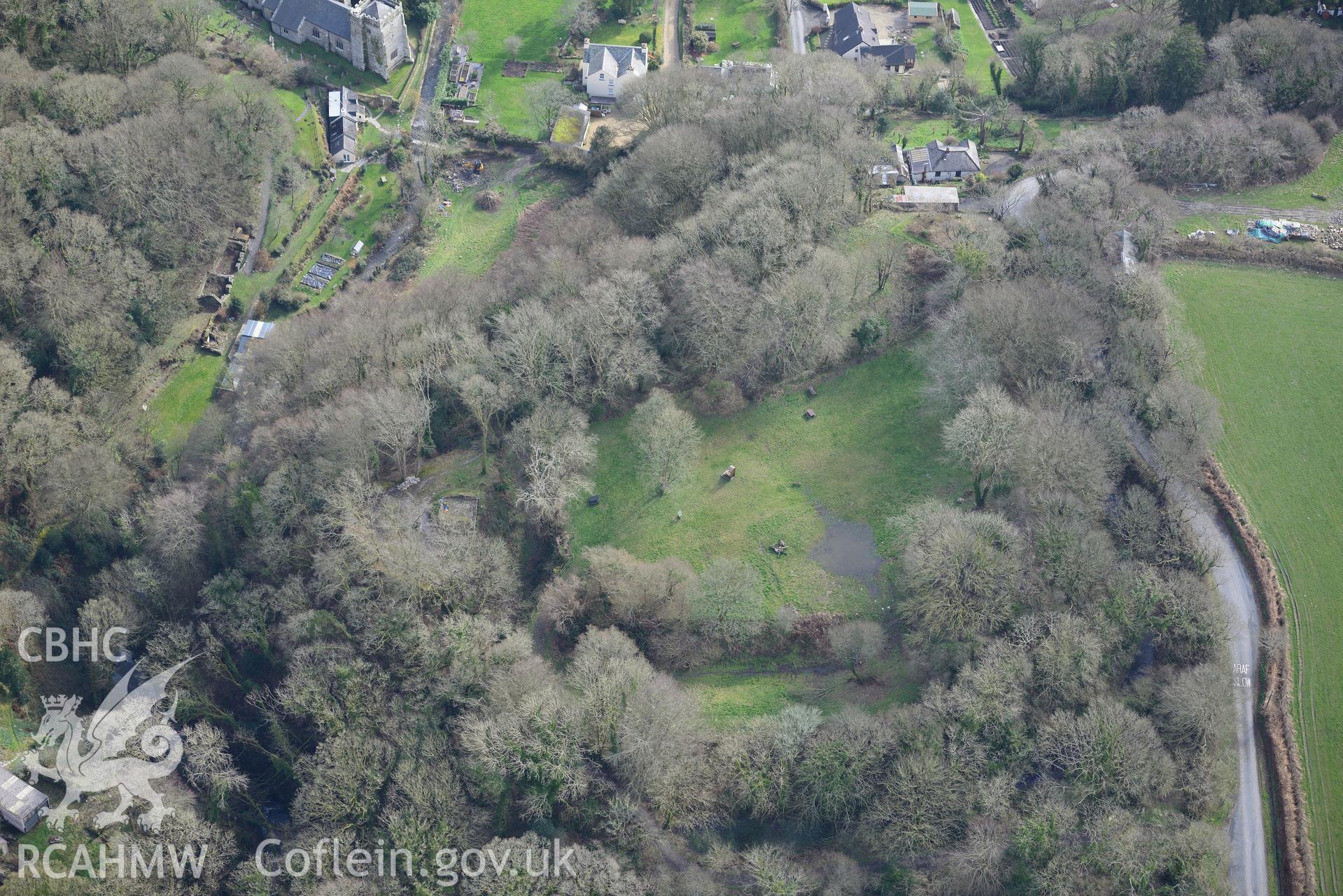 Nevern Castle, Nevern, between Cardigan and Fishguard. Oblique aerial photograph taken during the Royal Commission's programme of archaeological aerial reconnaissance by Toby Driver on 13th March 2015.