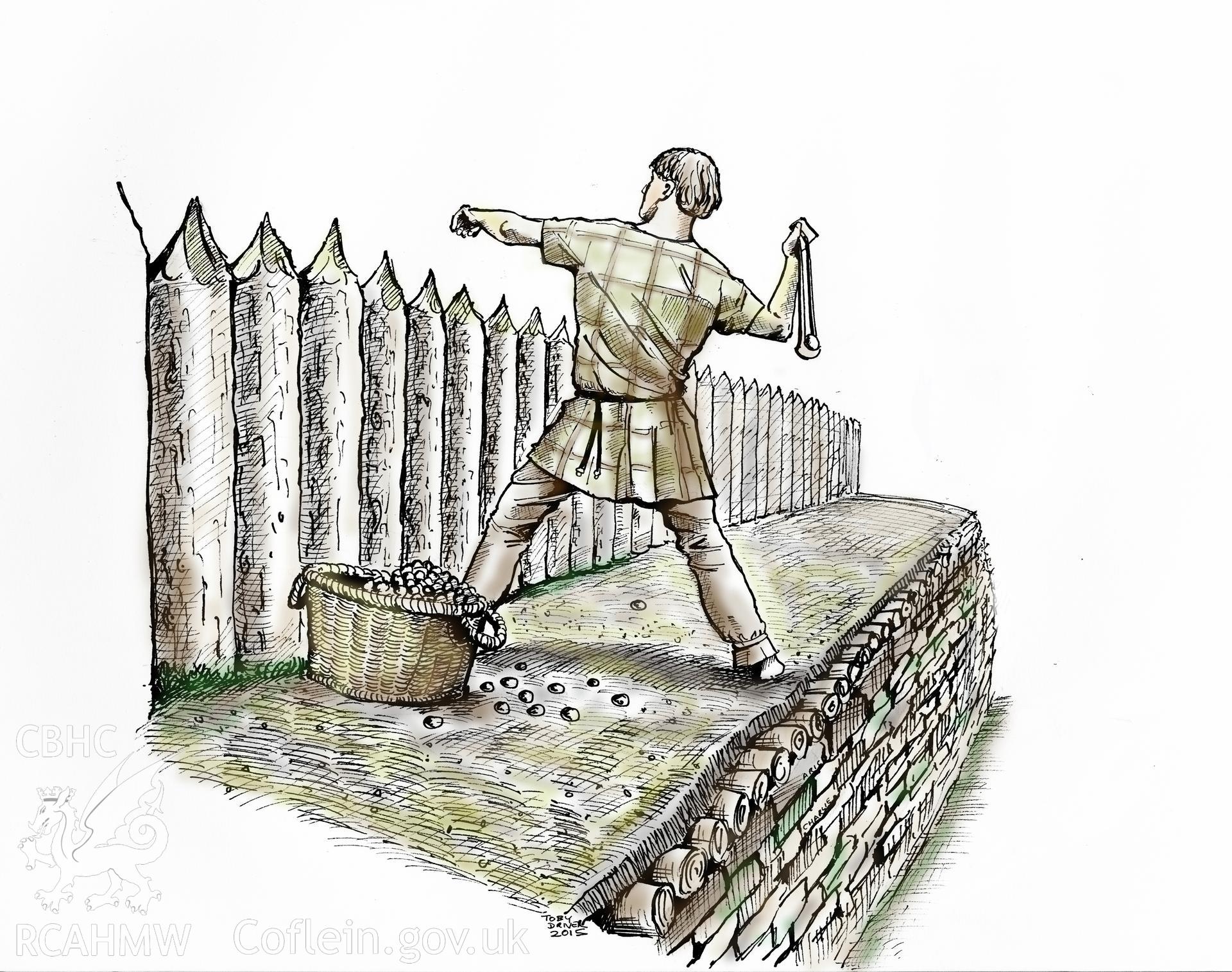 Pen Dinas .jpeg version of a reconstruction drawing showing an Iron Age defender taking aim with his leather sling. Figure 4.24, The Hillforts of Cardigan Bay, Toby Driver.