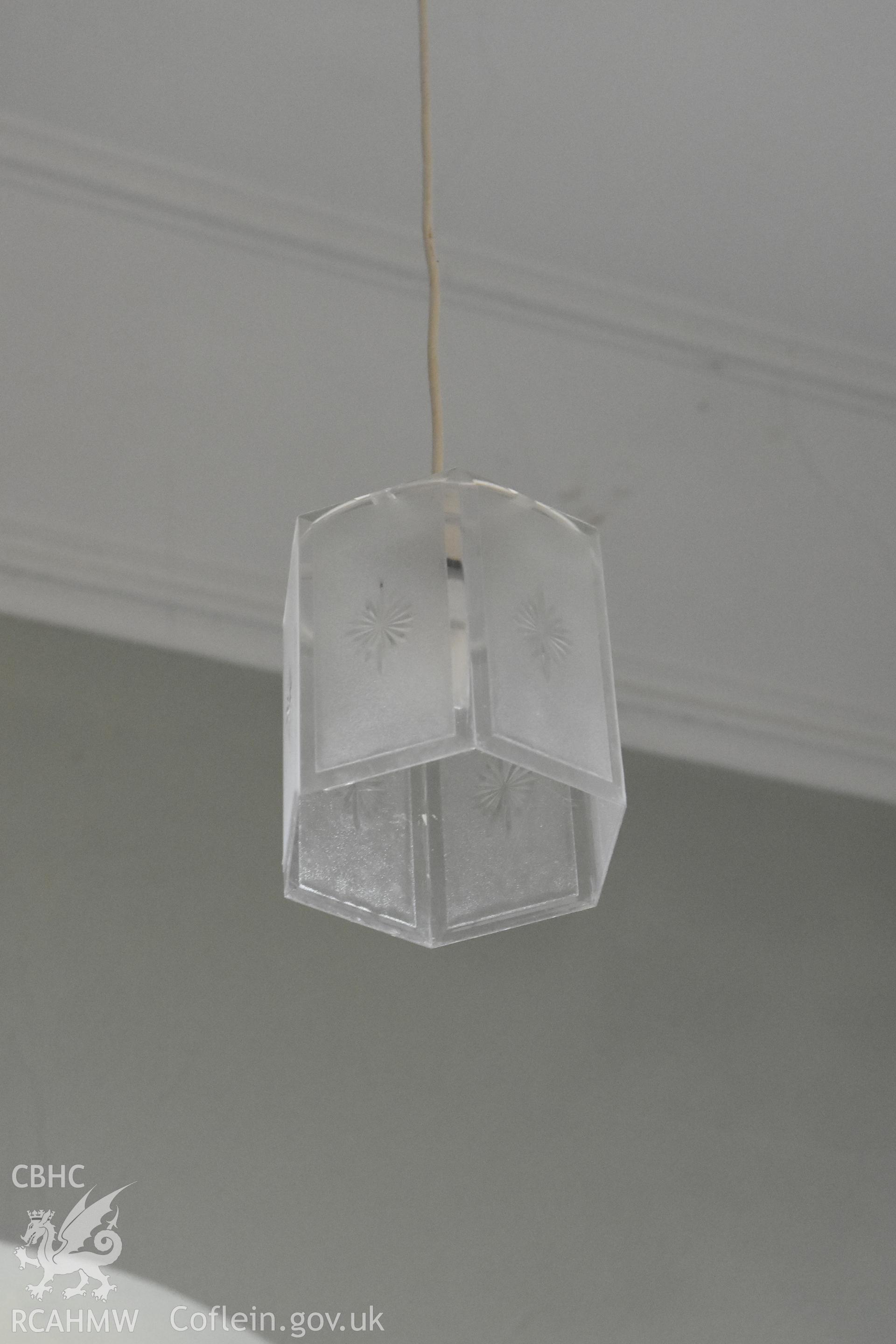 Interior frosted-glass light at Hyssington Primitive Methodist Chapel, Hyssington, Churchstoke. Photographic survey conducted by Sue Fielding on 7th December 2018.
