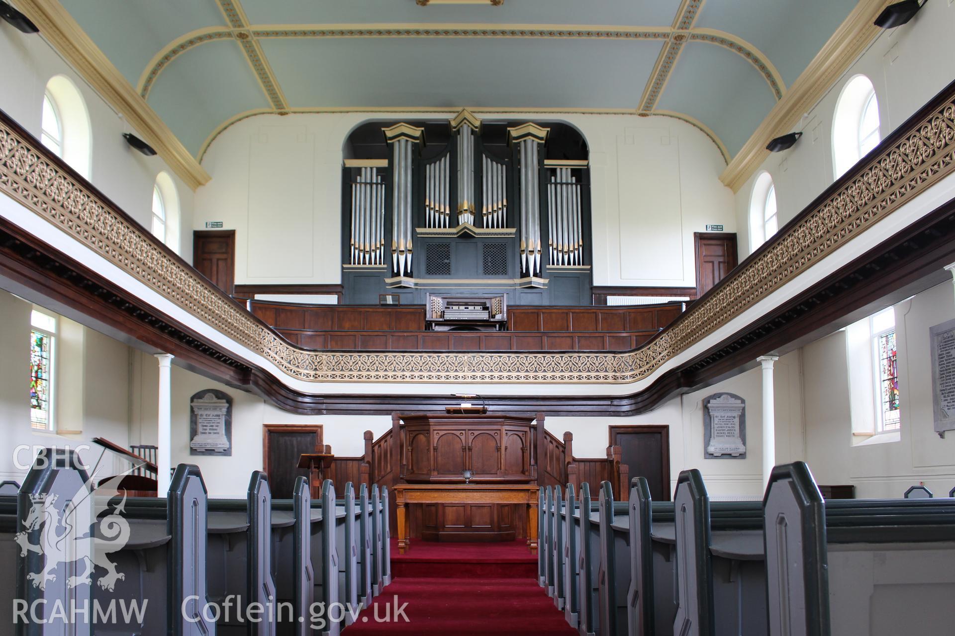 Colour photograph showing interior view looking towards organ at Mynydd-Bach Independent Chapel, Treboeth, Swansea, taken during photographic survey conducted by Sue Fielding on 13th May 2017.