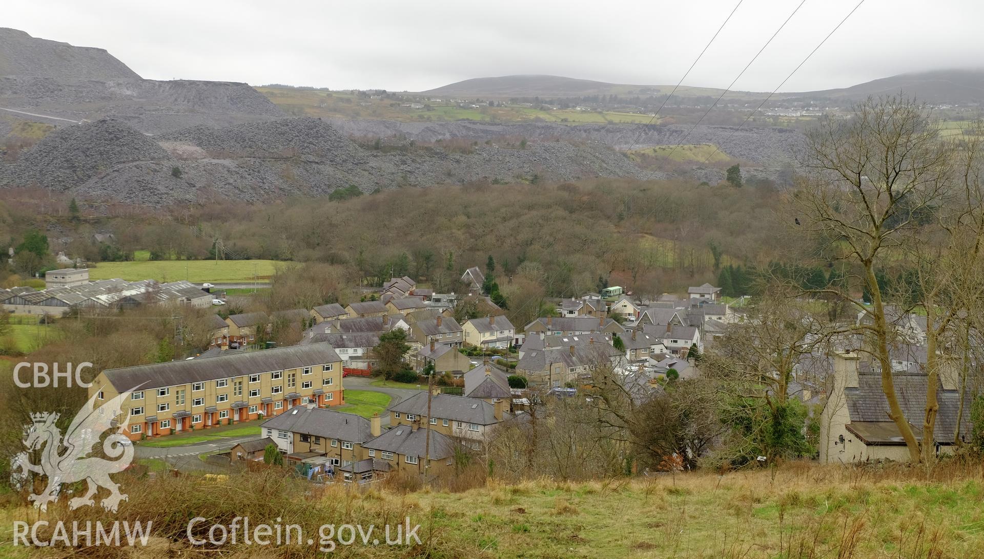 Colour photograph showing view looking south west from Gerlan Road towards Abercaseg, Bethesda, produced by Richard Hayman 16th February 2017