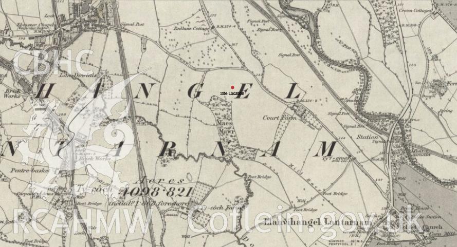 1886 map with site location noted. Included as part of Archaeology Wales' desk based assessment of former Llantarnam Community Primary School, Croeswen, Oakfield, Cwmbran, conducted in 2017.