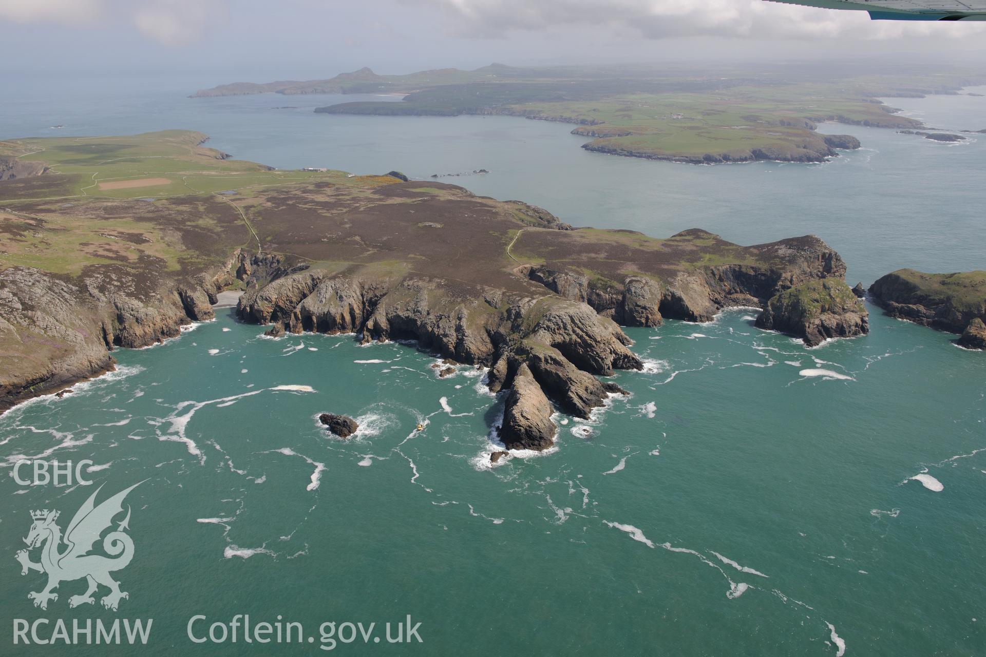 Southern tip of Ramsey Island, off the coast near St Davids. Oblique aerial photograph taken during the Royal Commission's programme of archaeological aerial reconnaissance by Toby Driver on 13th May 2015.