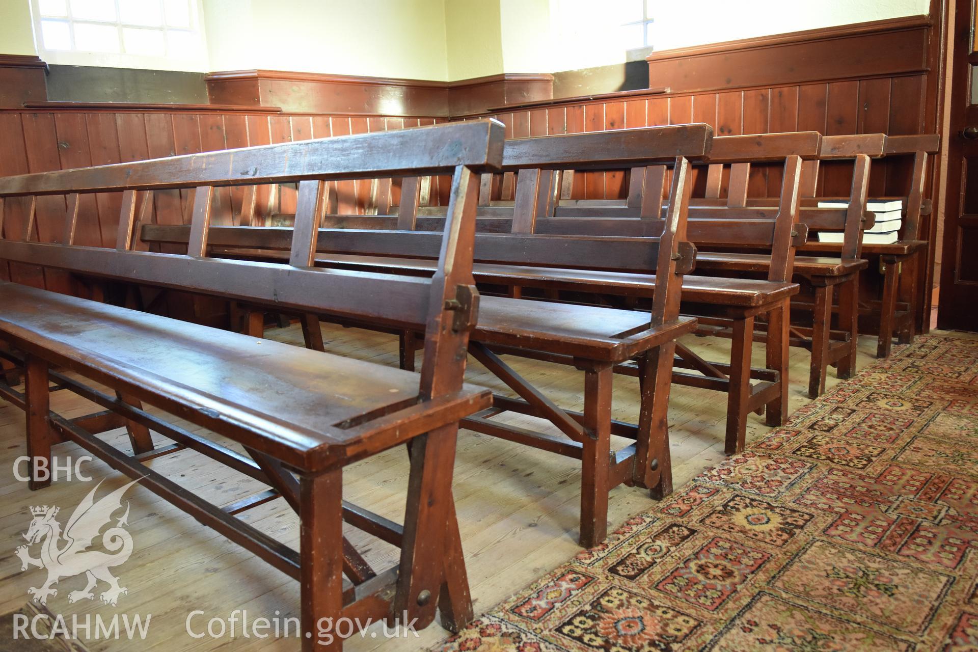 Detailed view of wooden benches at Hyssington Primitive Methodist Chapel, Hyssington, Churchstoke. Photographic survey conducted by Sue Fielding on 7th December 2018.