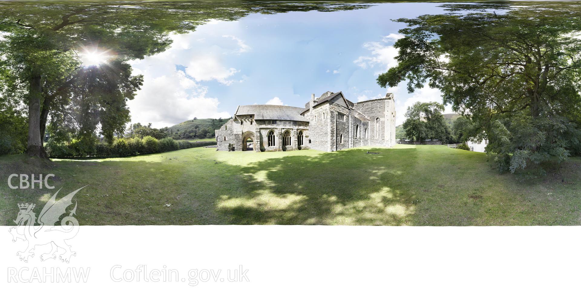 Reduced resolution .tiff file of stitched images to the rear of the cloister at Valle Crucis Abbey, carried out by Sue Fielding and Rita Singer, July 2017. Produced through European Travellers to Wales project.