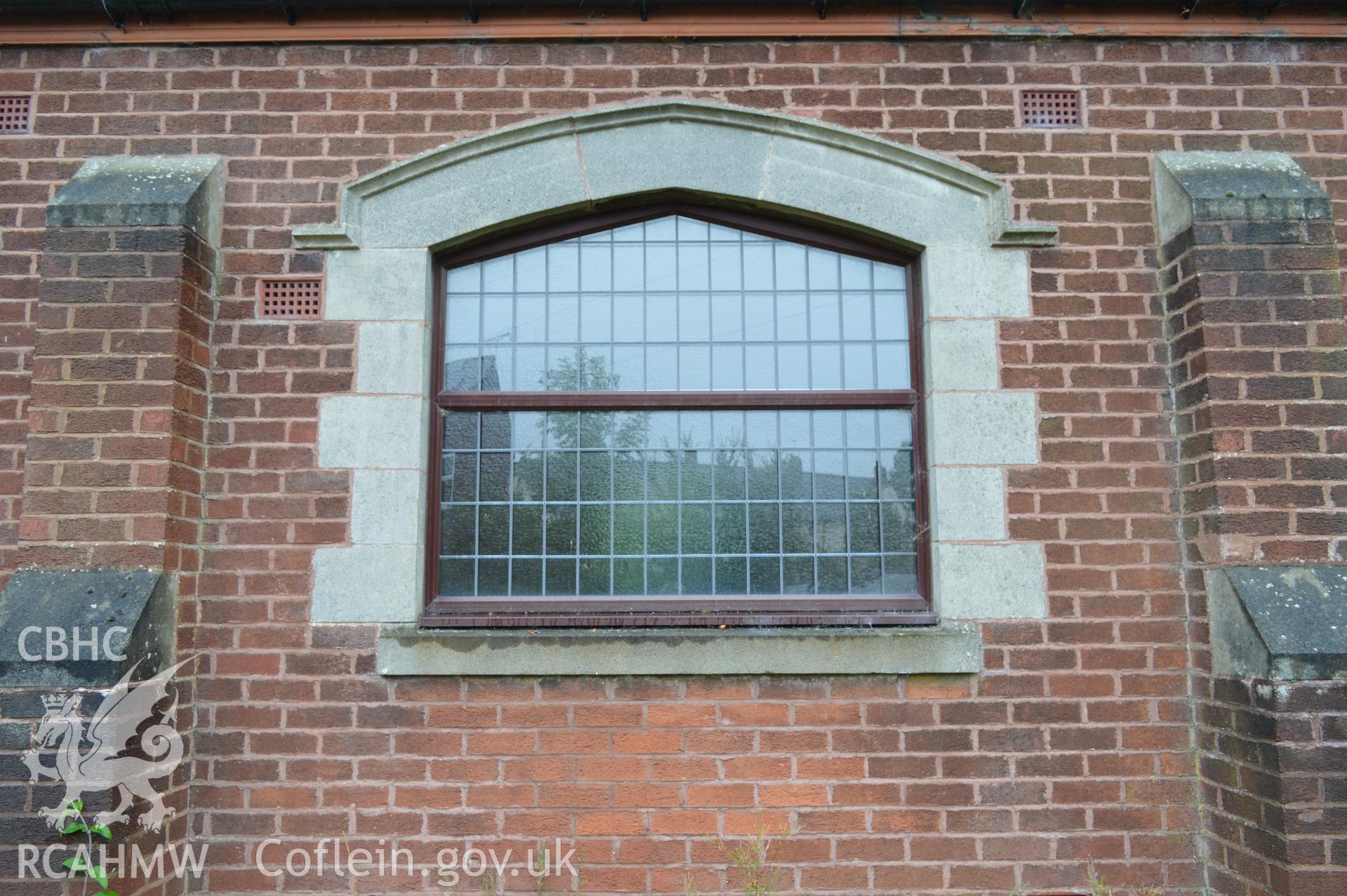 External view showing window detail in the north elevation of the Church. Digital colour photograph taken during CPAT Project 2396 at the United Reformed Church in Northop. Prepared by Clwyd Powys Archaeological Trust, 2018-2019.
