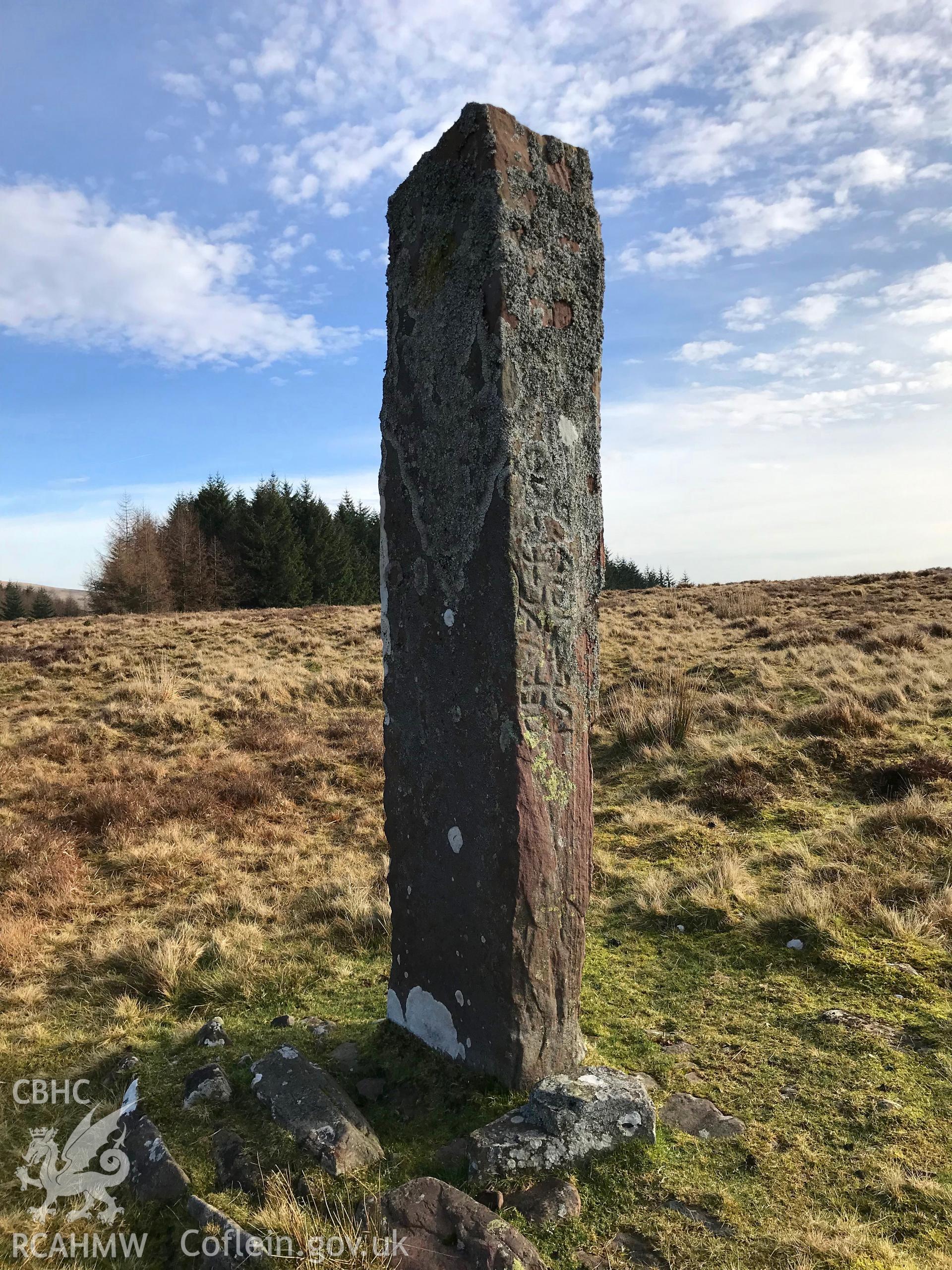 Colour photograph of Maen Madoc inscribed stone and roman road, in the Brecon Beacons north west of Merthyr Tydfil, taken by Paul R. Davis on 22nd February 2019.