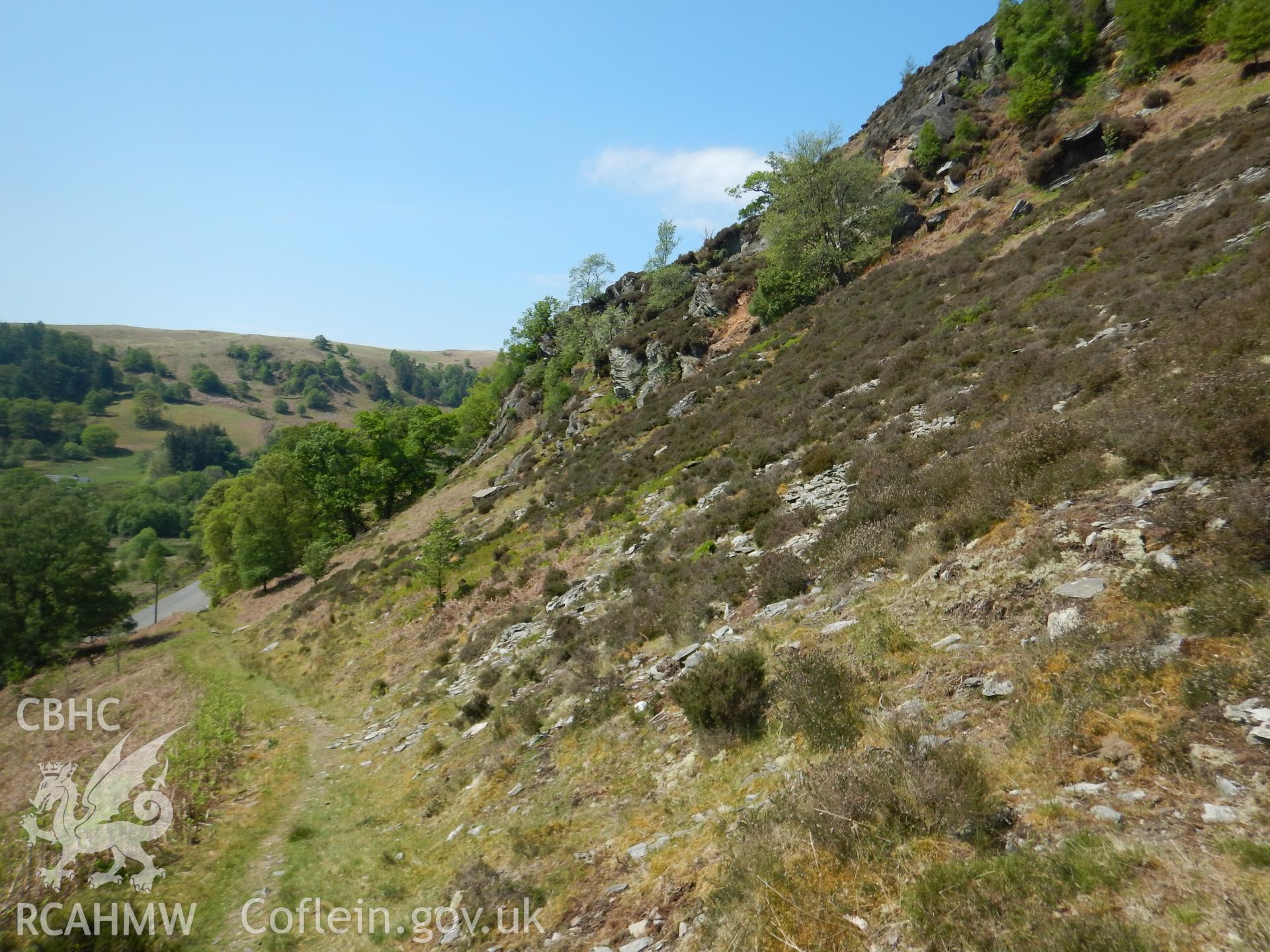 View south-west along proposed cable route up the side of Gurnos Hill. Photographed for Archaeological Desk Based Assessment of Afon Claerwen, Elan Valley, Rhayader. Assessment conducted by Archaeology Wales in 2018. Report no. 1681. Project no. 2573.