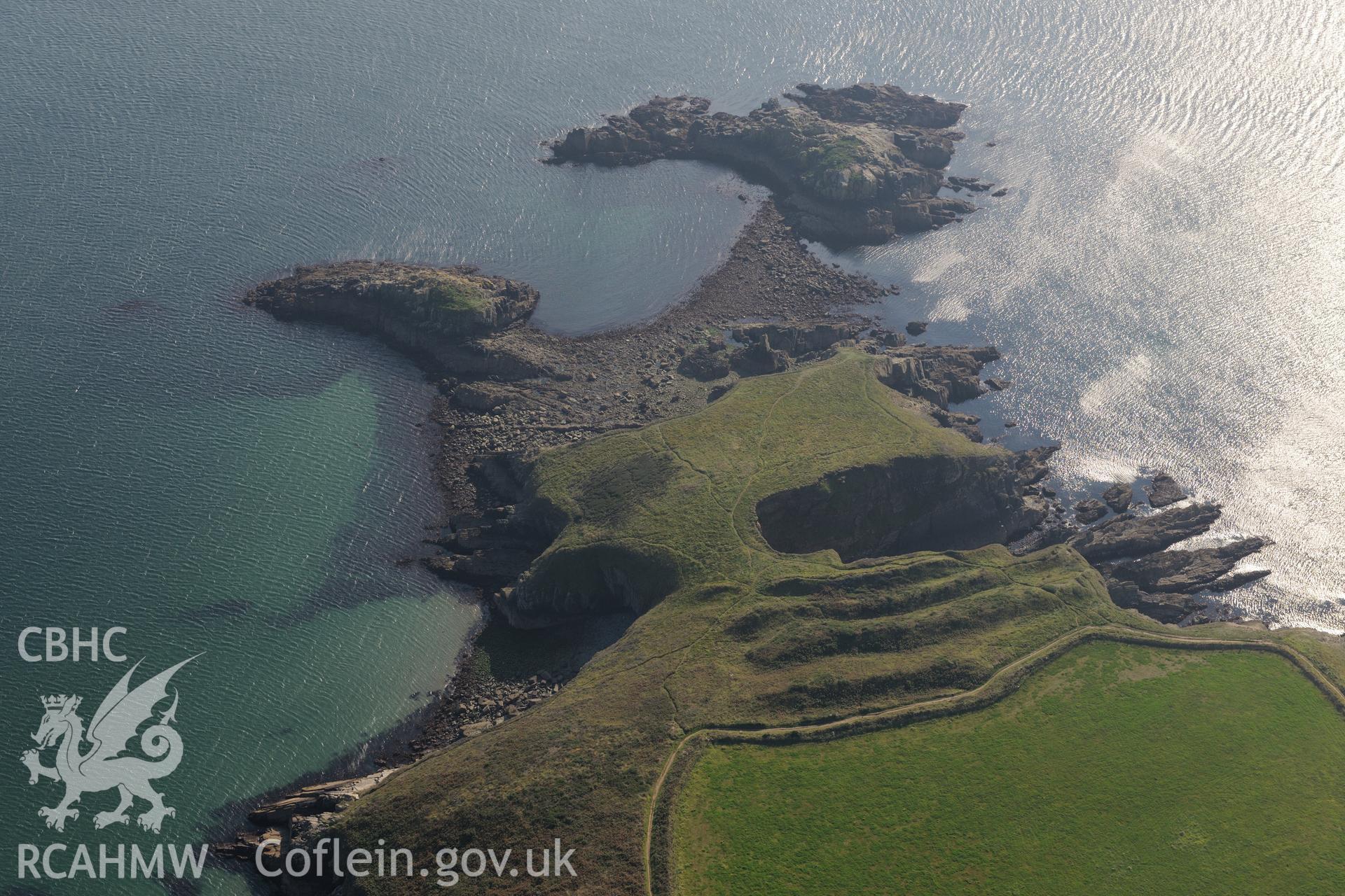 Caerfai promontory fort, south east of St. Davids, Pembrokeshire. Oblique aerial photograph taken during the Royal Commission's programme of archaeological aerial reconnaissance by Toby Driver on 30th September 2015.