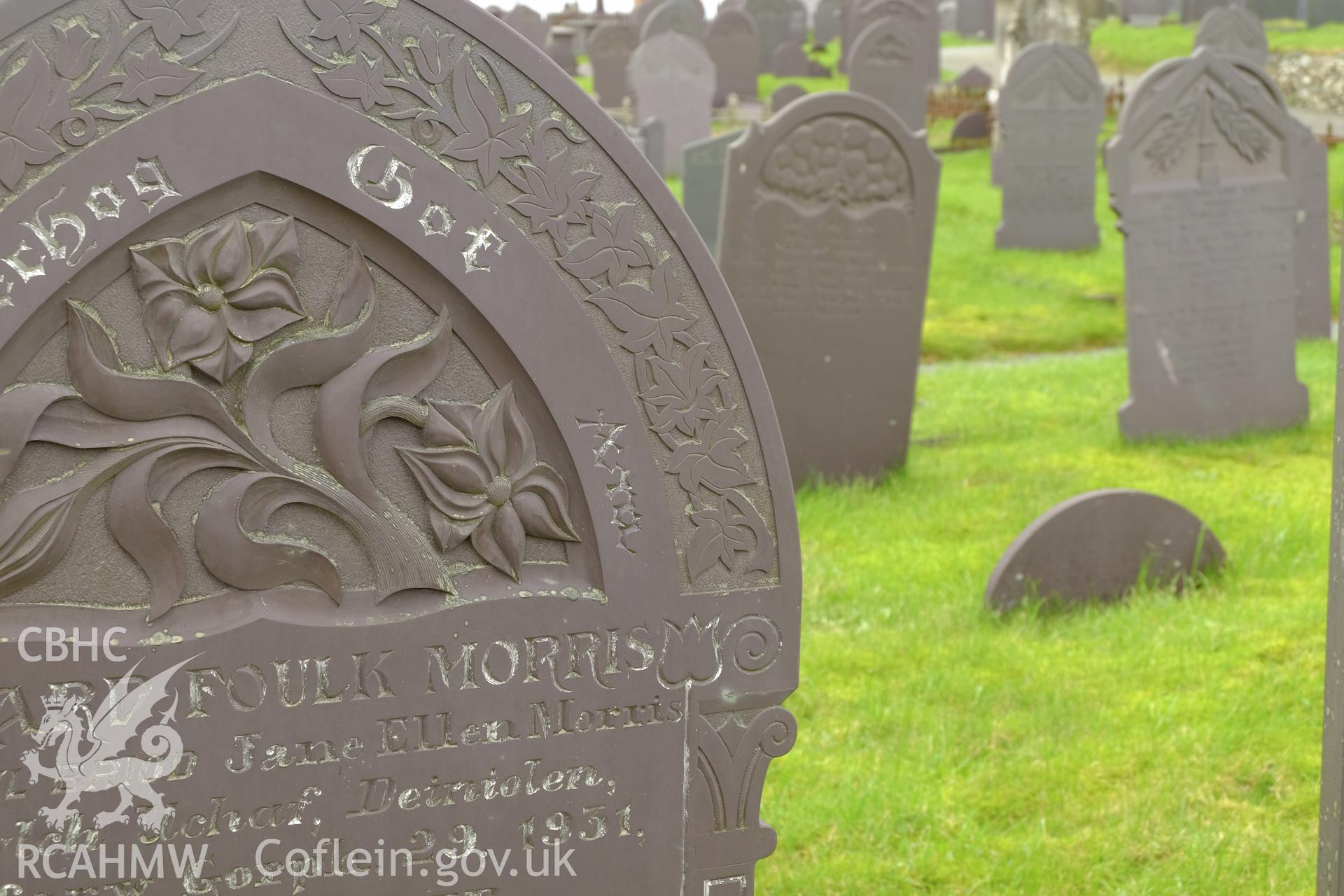 Colour photograph showing detail of slate headstone in Macpela Cemetery, Deiniolen, produced by Richard Hayman 7th March 2017