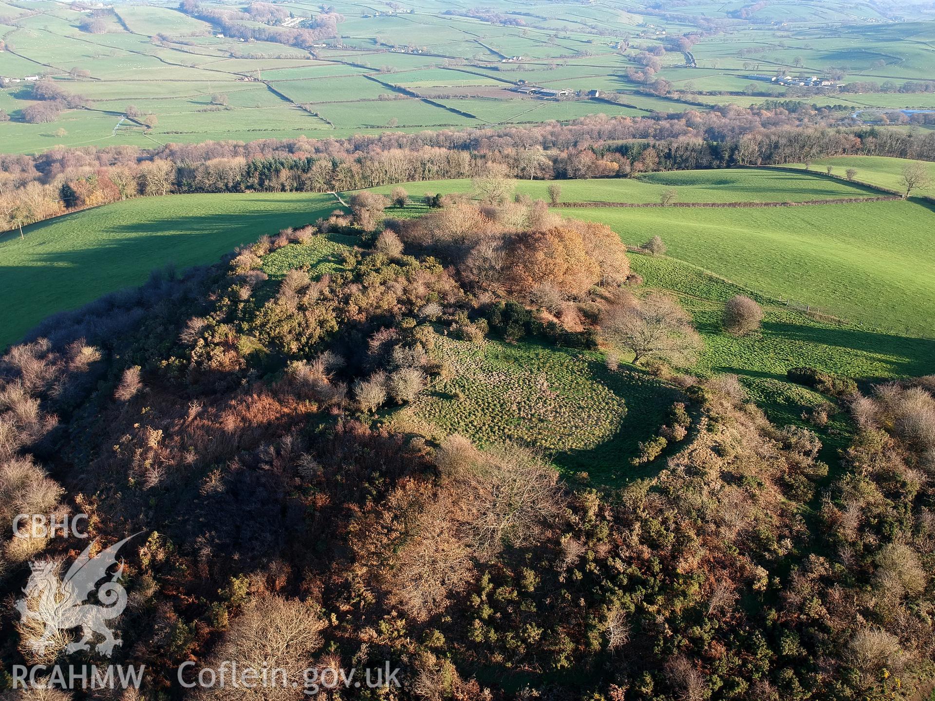Aerial view of Pen-y-Castell hillfort, near Castle Hill, Llanilar. Colour photograph taken by Paul R. Davis on 18th November 2018.