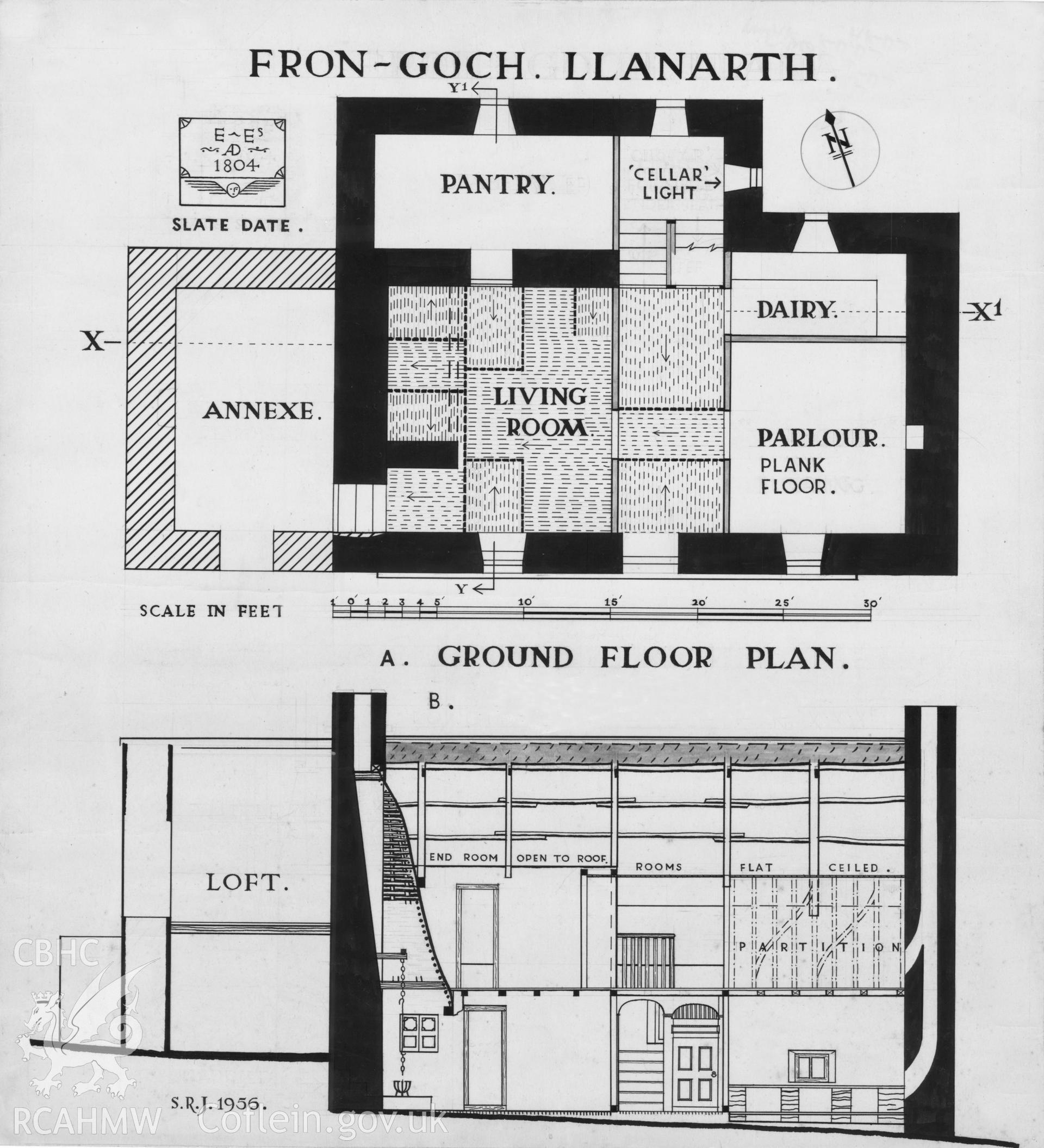 Digital copy of a measured drawing showing section and ground floor plan of Fron-goch produced by Stanley Jones.