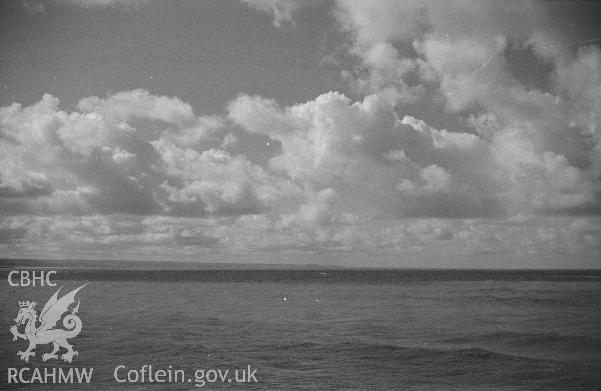 Digital copy of a black and white negative showing view of the sea from Tanybwlch beach, Aberystwyth. Photographed by Arthur O. Chater in September 1964 from Tanybwlch pier. Grid Reference SN 5785 8078. (Panorama. Photograph 10 of 10).