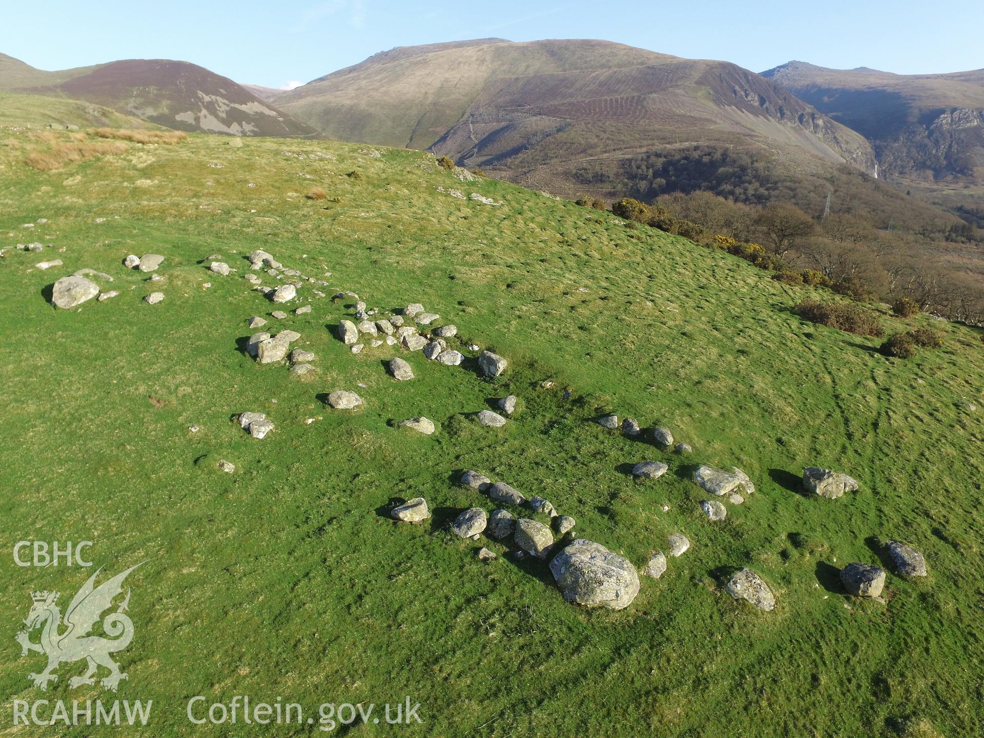 Colour photo showing remains of long hut settlement south east of Maes-y-Gaer, Aber, taken by Paul R. Davis, 19th April 2018.