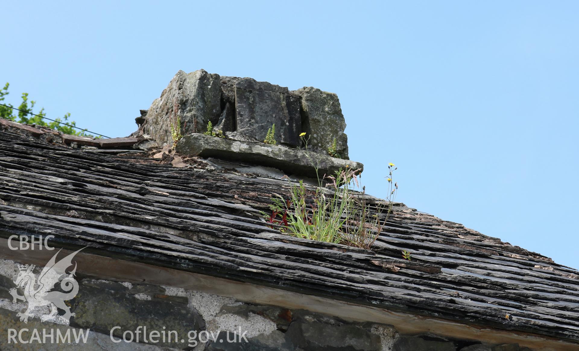 Photograph showing exterior view of byre house, brew house and shippon chimney, at Maes yr Hendre, taken by Dr Marian Gwyn, 6th July 2016. (Original Reference no. 0159)