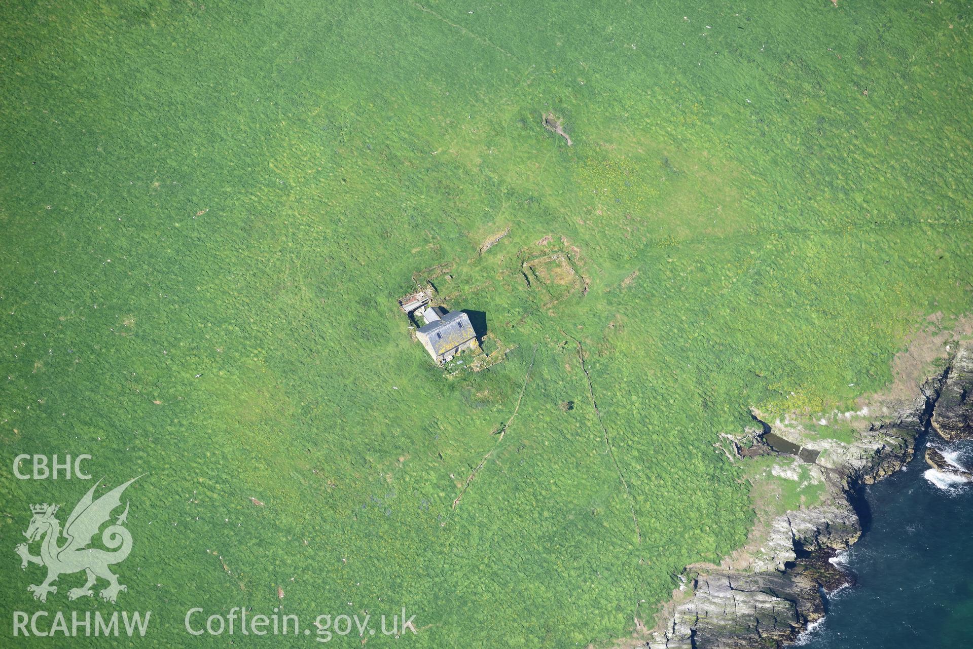 Aerial photography of St Tudwal's Island East taken on 3rd May 2017.  Baseline aerial reconnaissance survey for the CHERISH Project. ? Crown: CHERISH PROJECT 2017. Produced with EU funds through the Ireland Wales Co-operation Programme 2014-2020. All material made freely available through the Open Government Licence.
