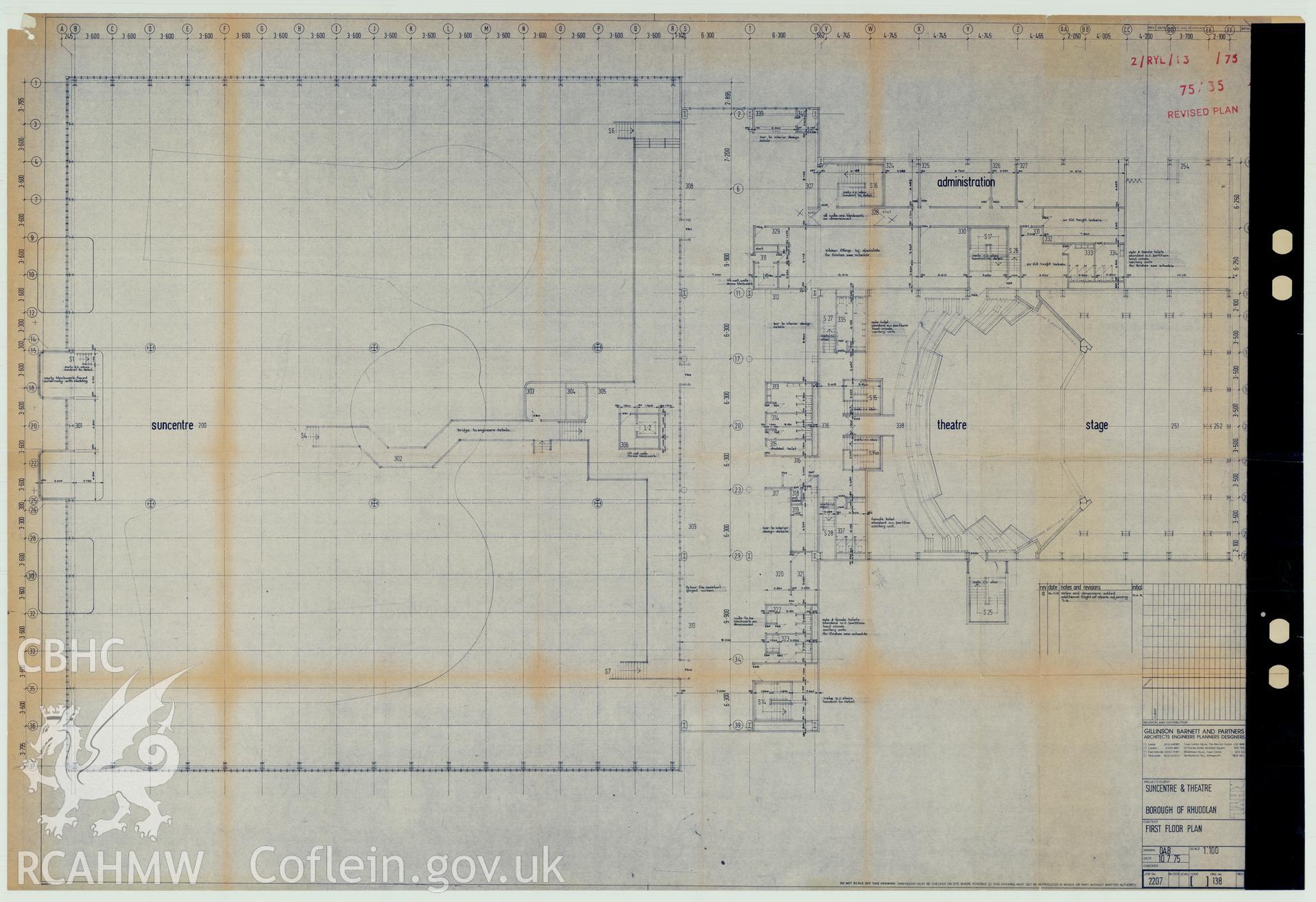 Digital copy of a measured drawing showing first floor plan of Rhyl Sun Centre and Theatre, produced by Gillinson Barnett & Partners  1975. Loaned for copying by Denbighshire County Council.
