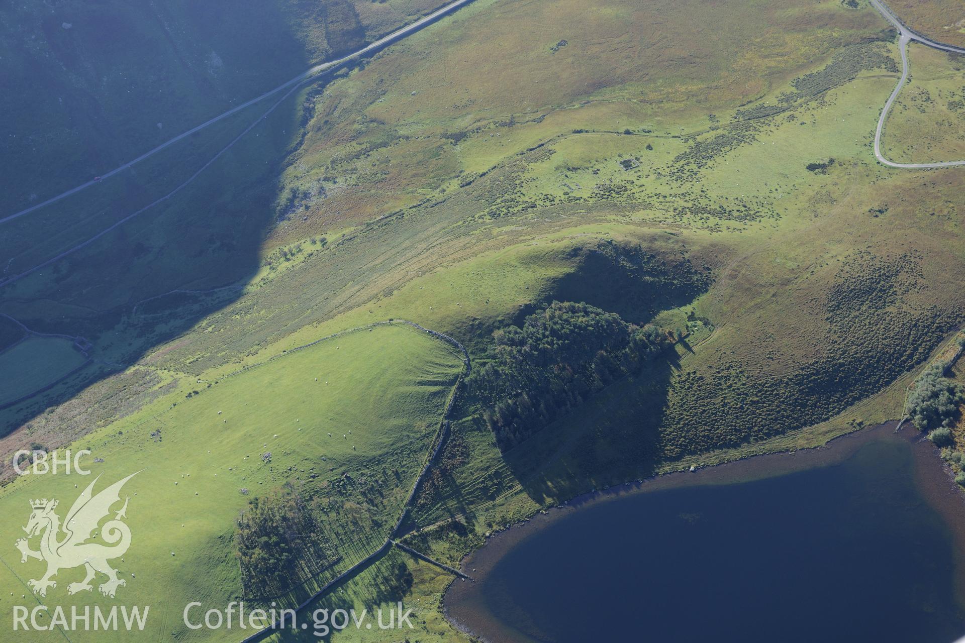 Cultivation or ploughing marks at Llynnau Cregennen on the slopes of Cadair Idris. Oblique aerial photograph taken during the Royal Commission's programme of archaeological aerial reconnaissance by Toby Driver on 2nd October 2015.