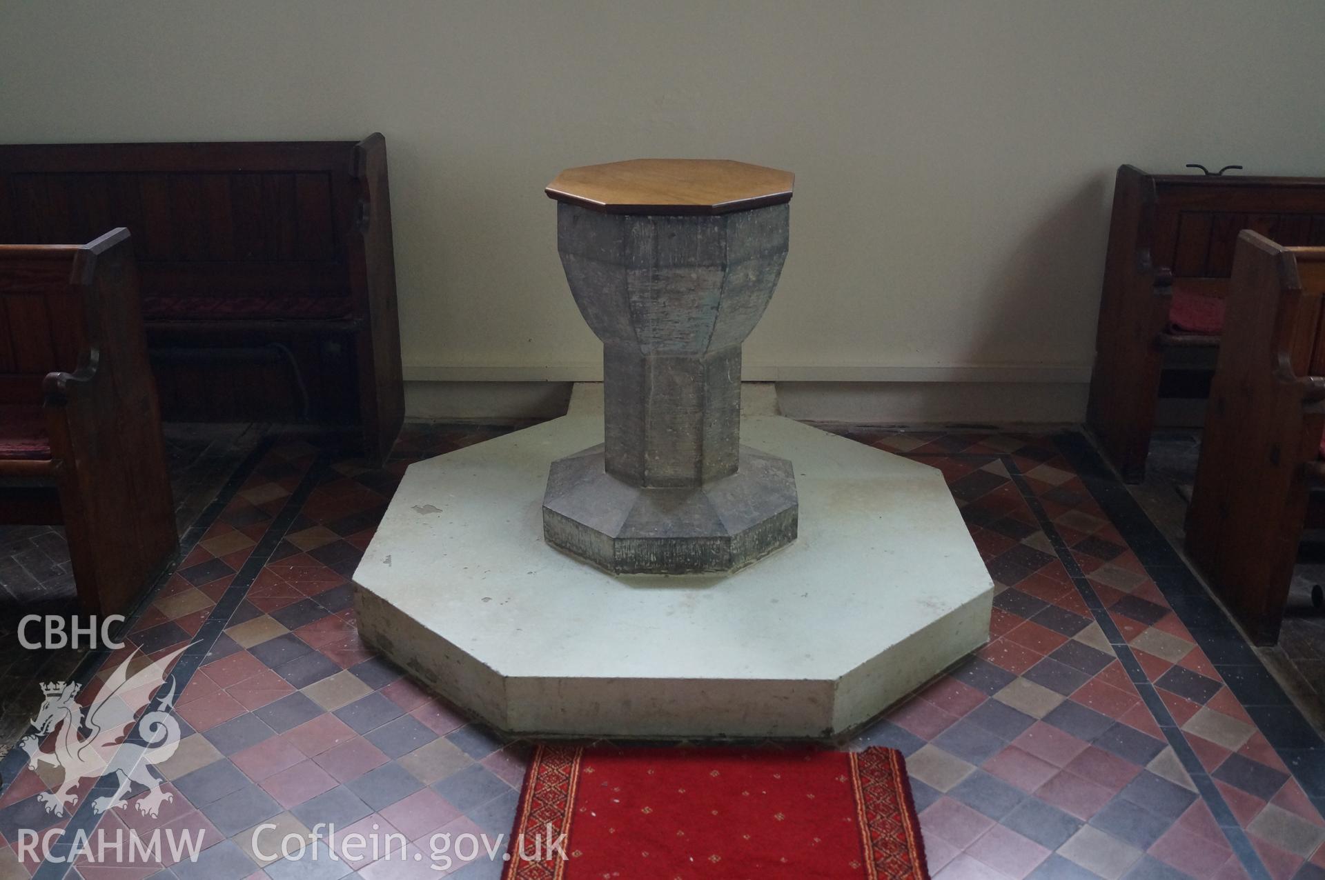 'Font at the western end of the church, looking west southwest' at Capel Gwynfe, Llangadod. Photograph and description by Jenny Hall and Paul Sambrook of Trysor, May 2018.