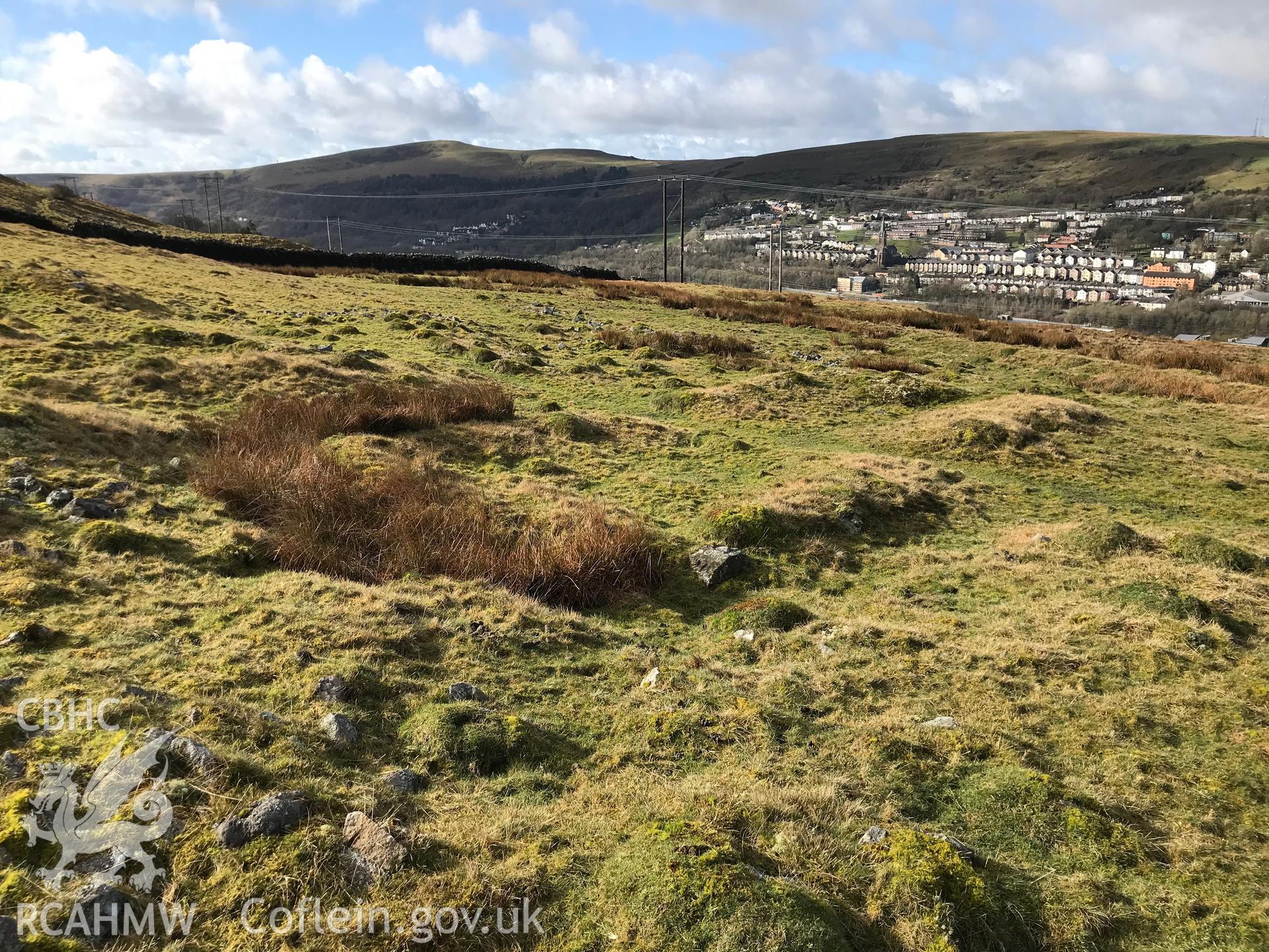 Colour photograph of long huts at Bwlch y Garn, Ebbw Vale, taken by Paul R. Davis on 17th March 2019.