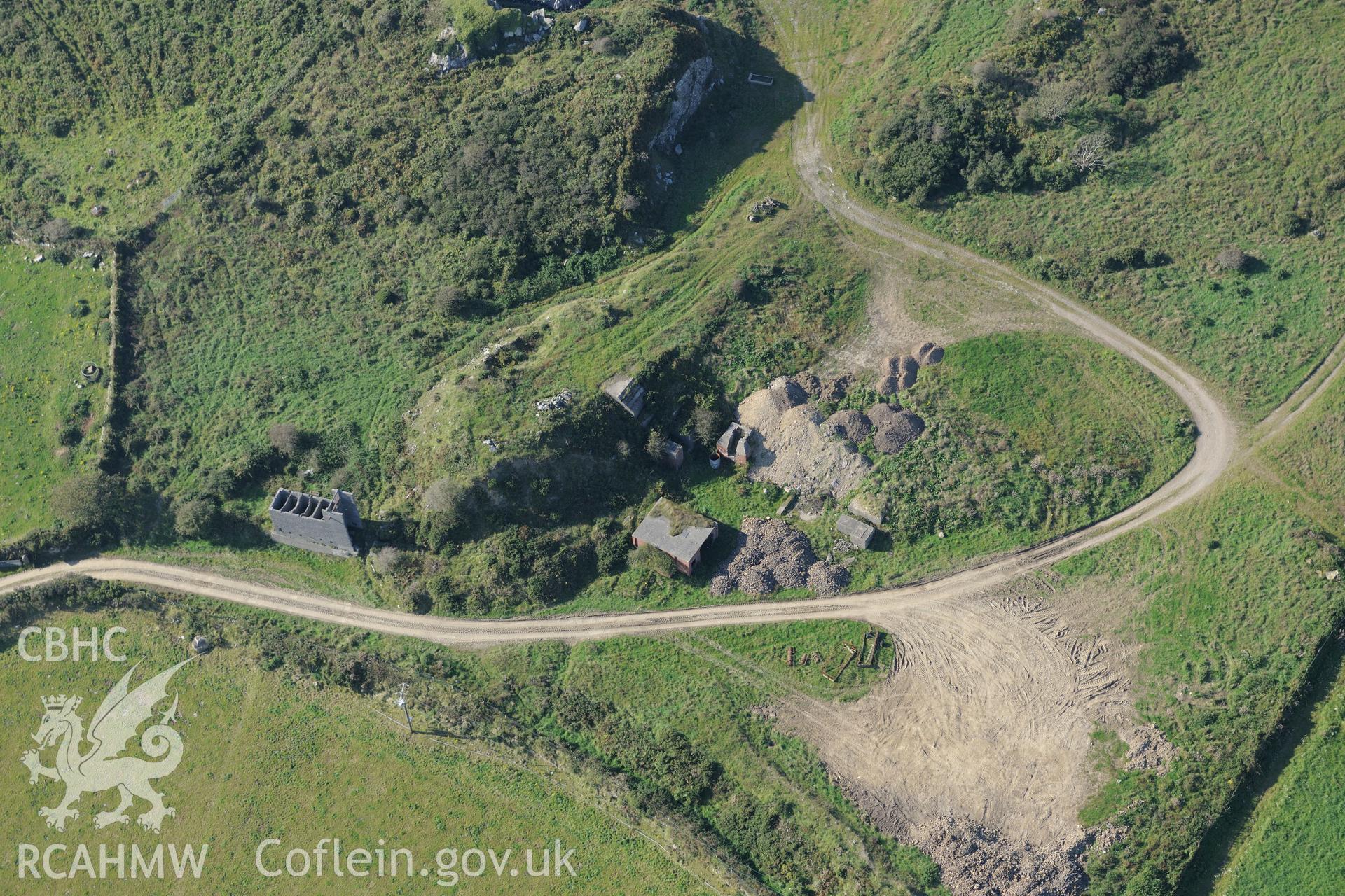 Penberry Quarry, north of St. Davids, Pembrokeshire. Oblique aerial photograph taken during the Royal Commission's programme of archaeological aerial reconnaissance by Toby Driver on 30th September 2015.