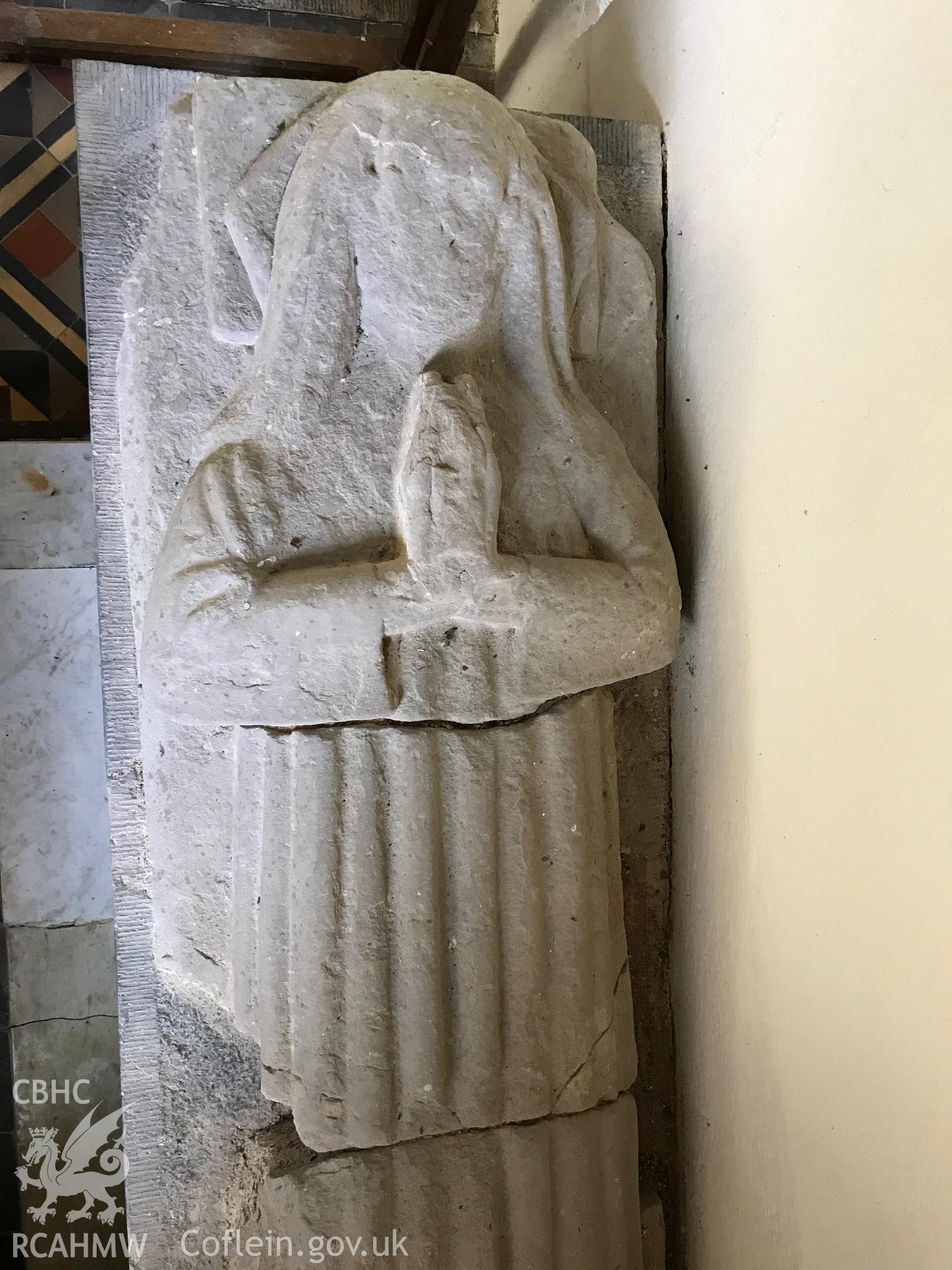 Colour photo showing stone carving in the church of St. Odoceus and St. Margaret Marlos, Llandawke, taken by Paul R. Davis, 6th May 2018.