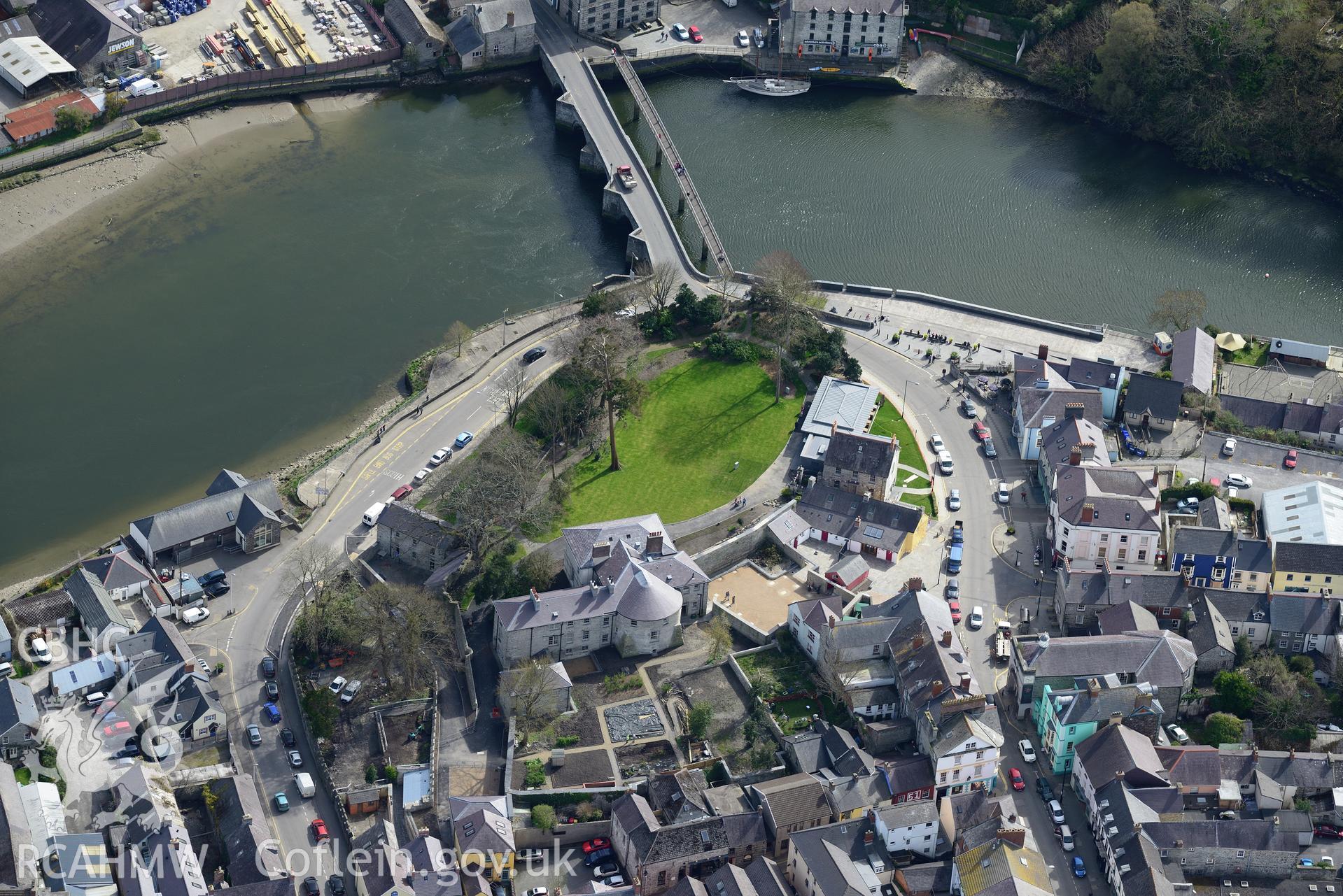 Cardigan Town, Castle, Castle House, Bridge, Harbour and Old Shire Hall. Oblique aerial photograph taken during the Royal Commission's programme of archaeological aerial reconnaissance by Toby Driver 15th April 2015.