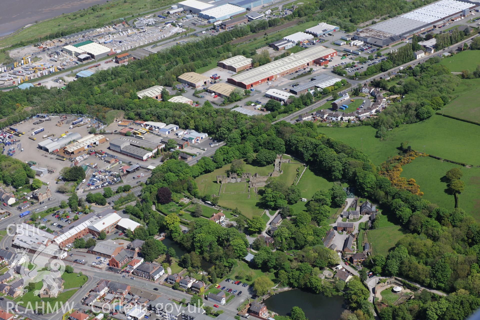 Courtaulds Factory, Greenfields Works, and Basingwerk Abbey, Holywell. Oblique aerial photograph taken during the Royal Commission?s programme of archaeological aerial reconnaissance by Toby Driver on 22nd May 2013.