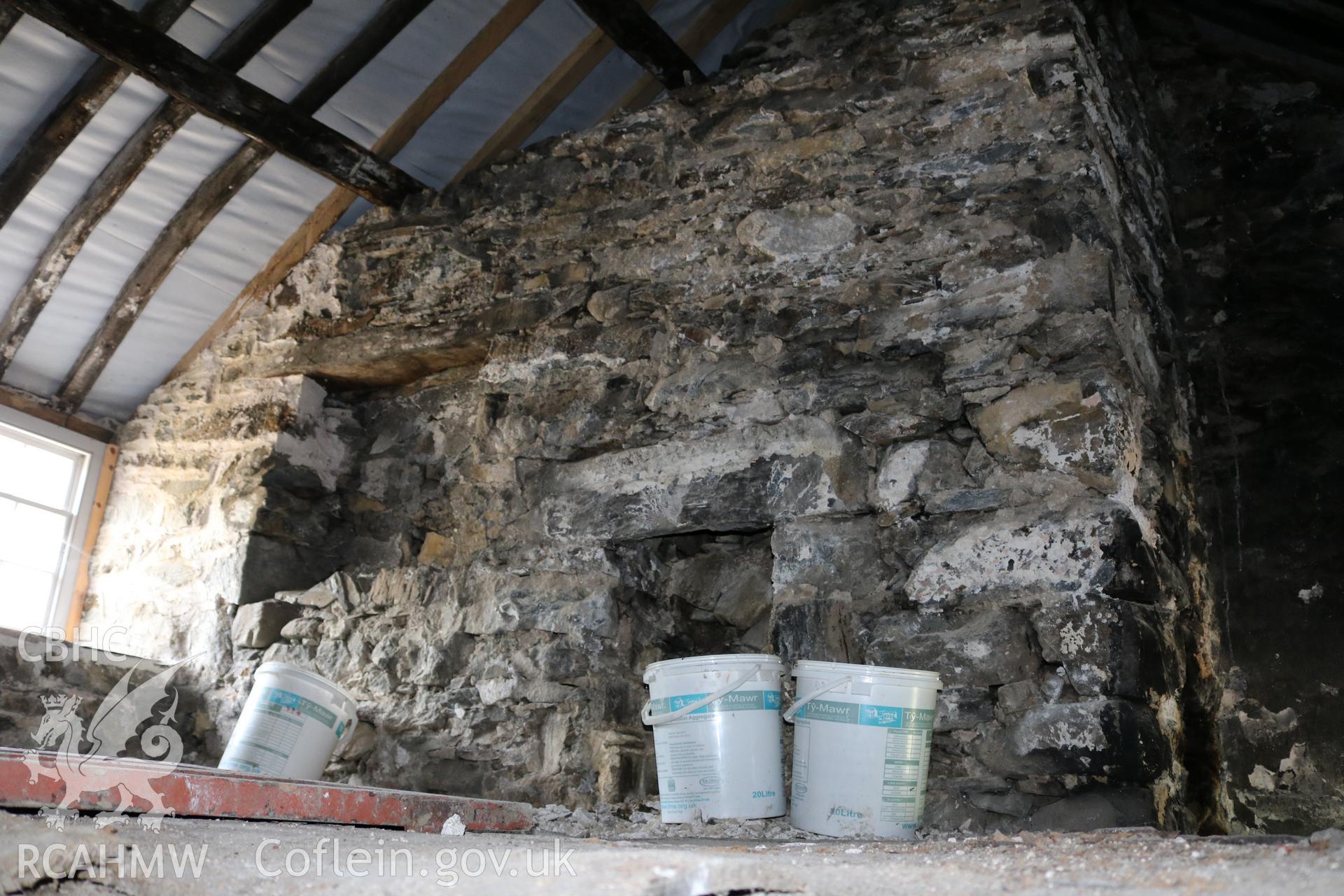 Photograph showing interior view of barn and cottage first floor at Maes yr Hendre, taken by Dr Marian Gwyn, 6th July 2016. (Original Reference no. 0079)
