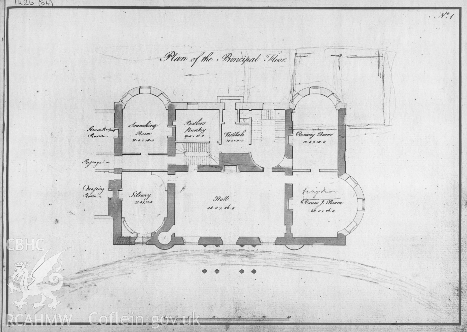 Digital copy of a 1762 drawing by Samuel Wyatt showing plan of Penrhyn Castle, Llandegai.