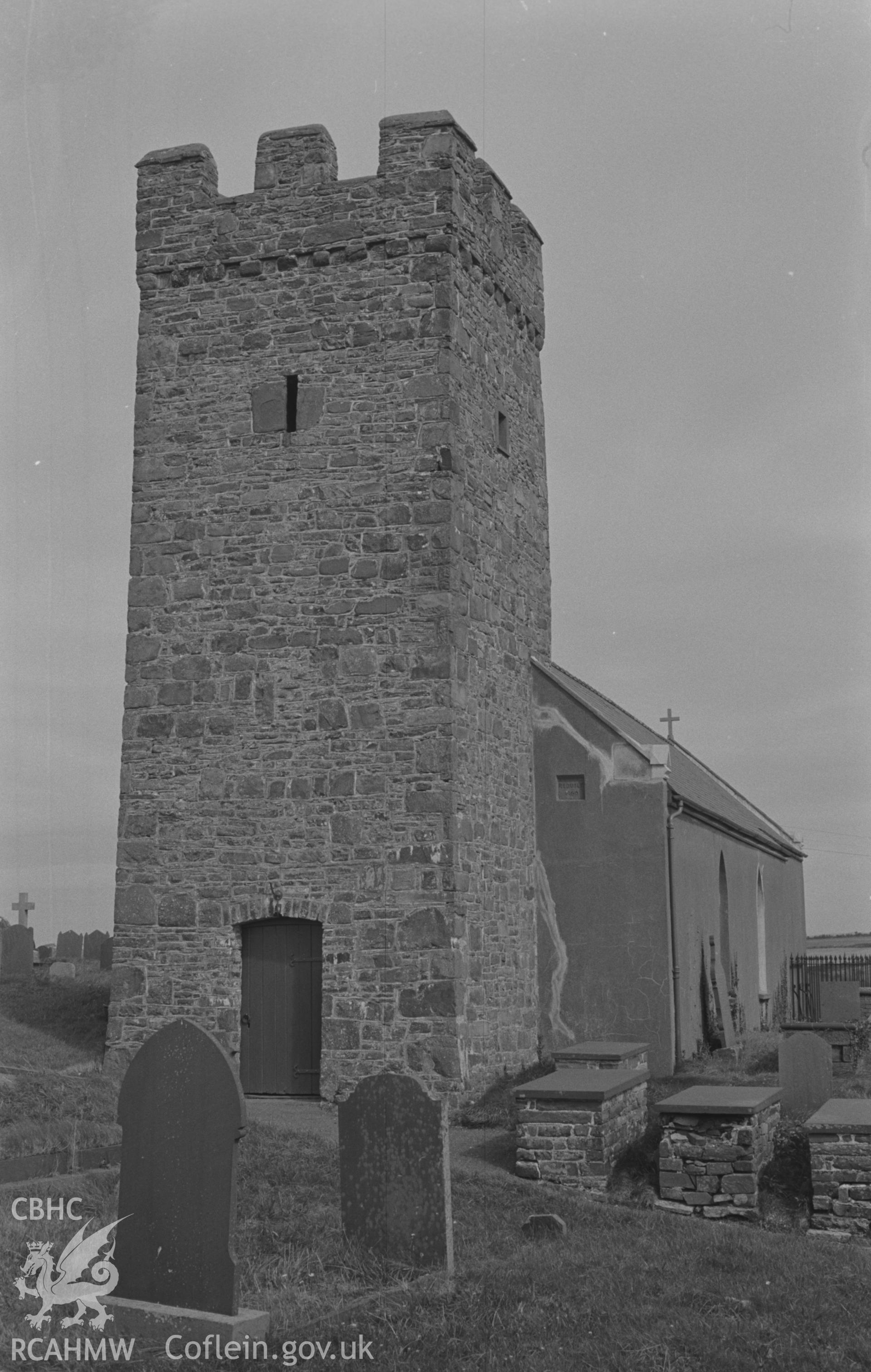 Digital copy of a black and white negative showing exterior view of St. David's Church, Llanddewi Aberarth. Photographed by Arthur O. Chater in September 1966.