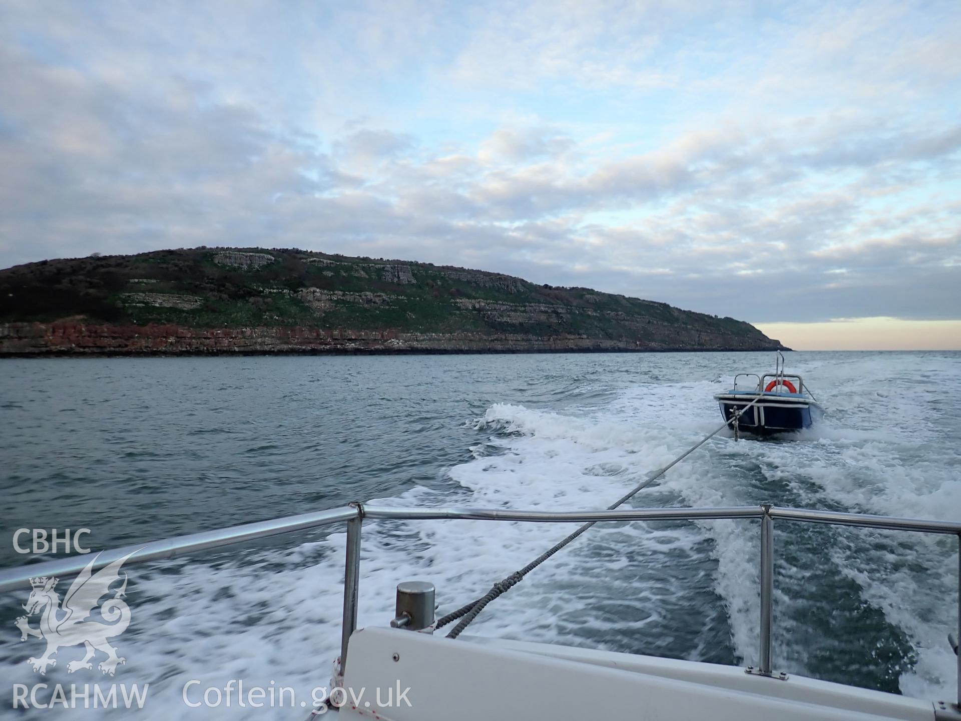 Winter view departing Puffin Island at twilight following CHERISH Project on 26th November 2018. ? Crown: CHERISH PROJECT 2018. Produced with EU funds through the Ireland Wales Co-operation Programme 2014-2020. All material made freely available through the Open Government Licence.