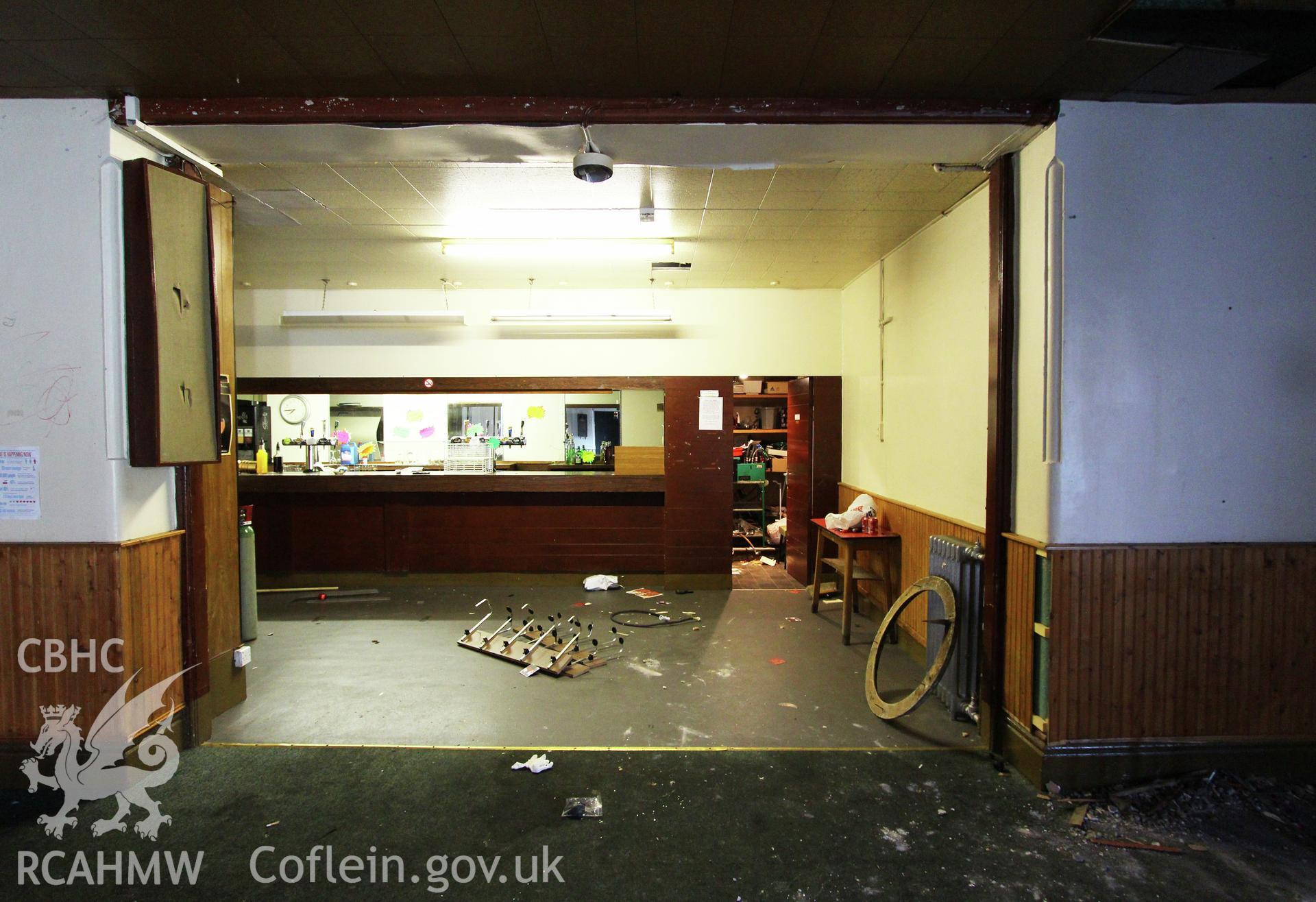 Interior view of bar at the Railway Institute, Bangor. Photographed during survey conducted by Sue Fielding for the RCAHMW on 4th April 2016.