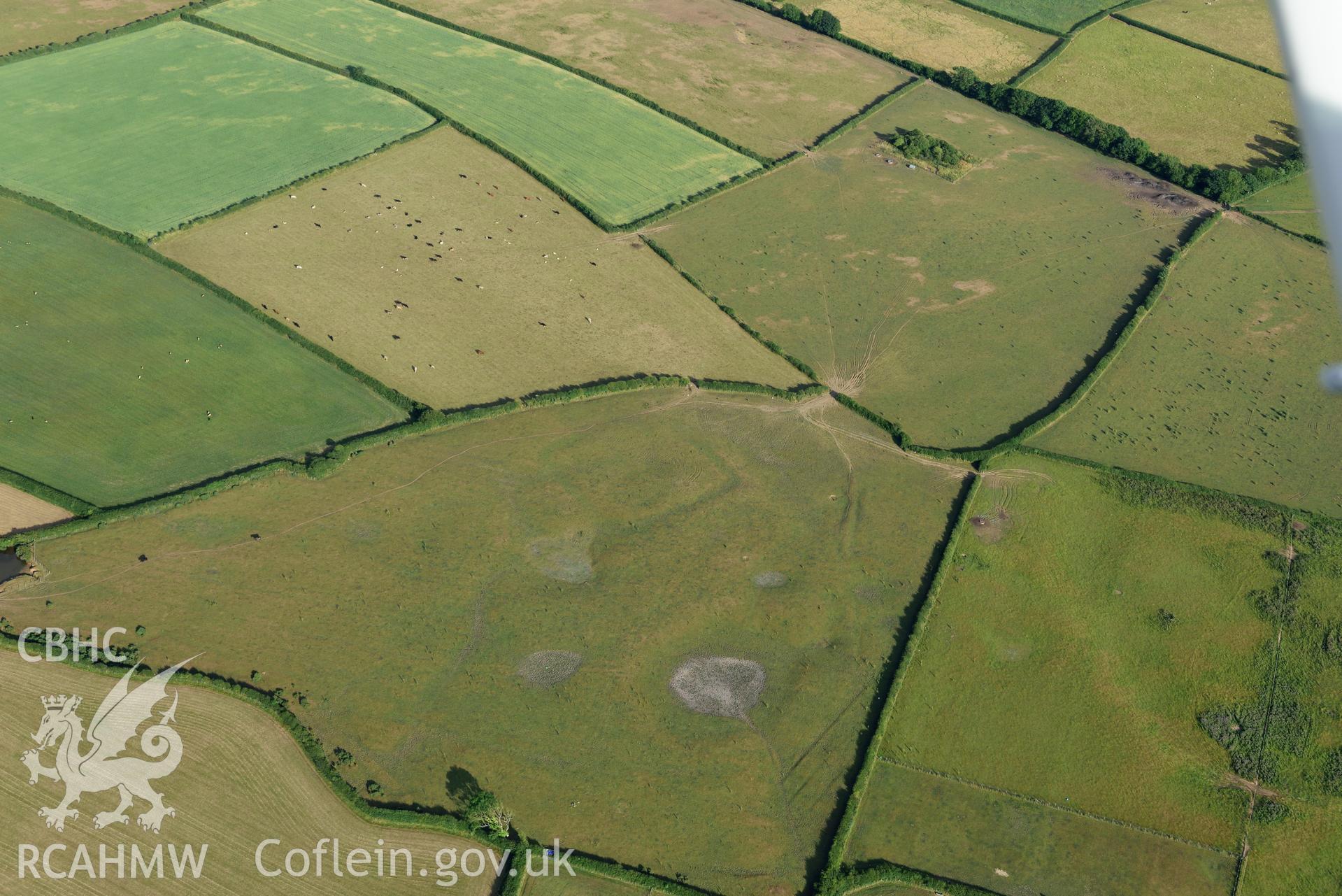 Royal Commission aerial photography of earthworks southwest of Llanddewi Church, with parching, taken on 17th July 2018 during the 2018 drought.