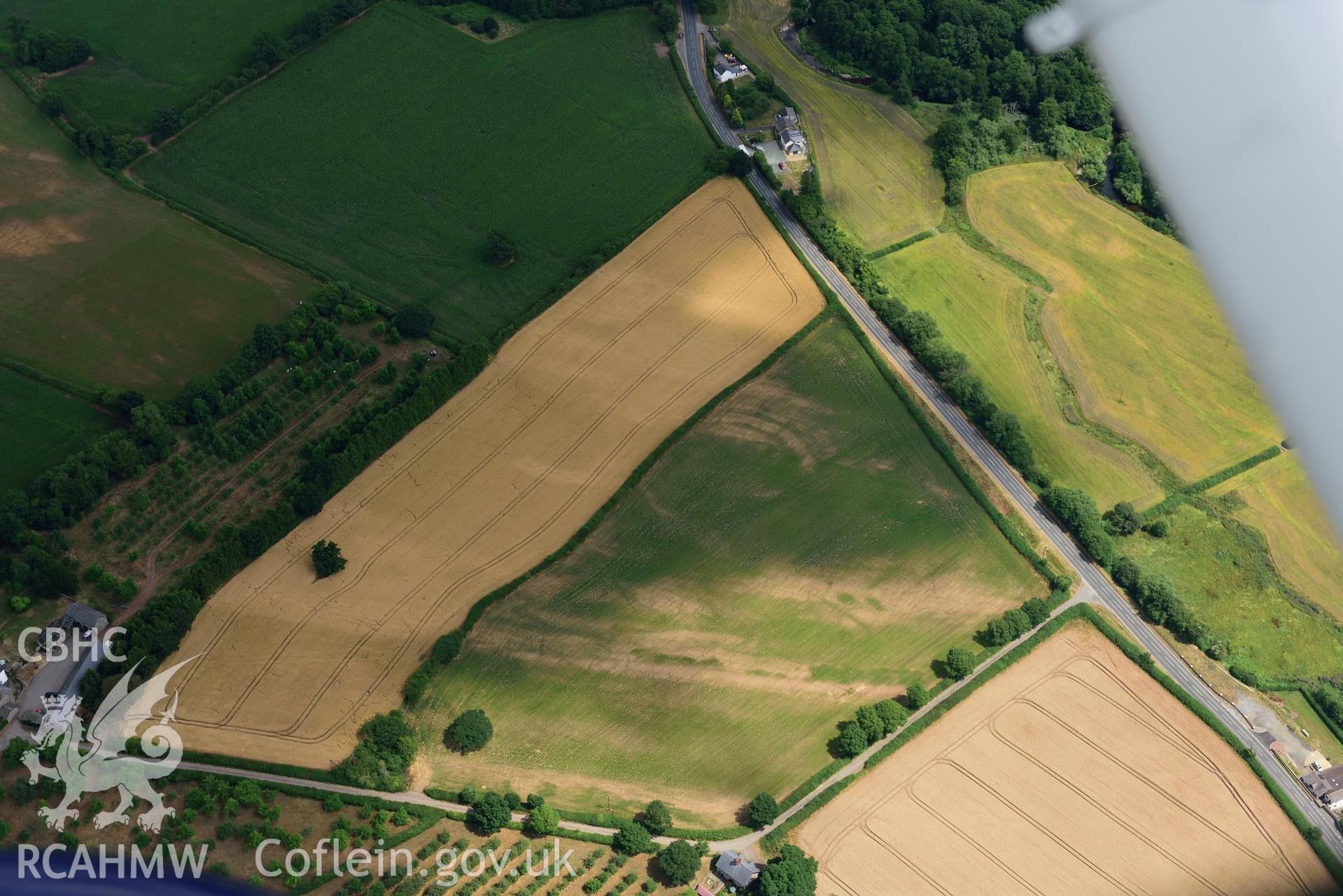 Royal Commission aerial photography of Mynydd Trevithel defended enclosure taken on 19th July 2018 during the 2018 drought.
