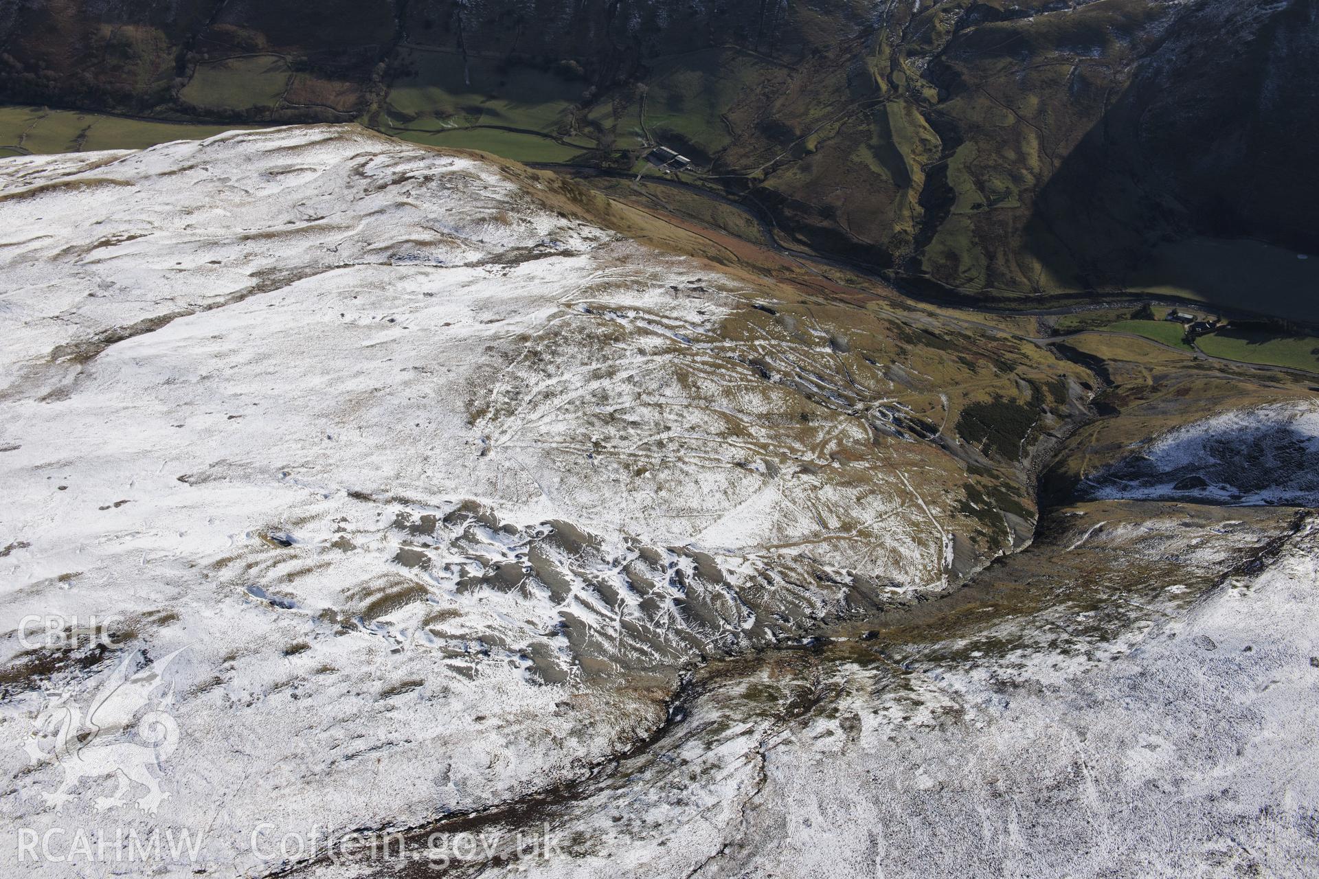Former Copa Hill opencast mine, Cwmystwyth, south west of Llangurig. Oblique aerial photograph taken during the Royal Commission's programme of archaeological aerial reconnaissance by Toby Driver on 4th February 2015.