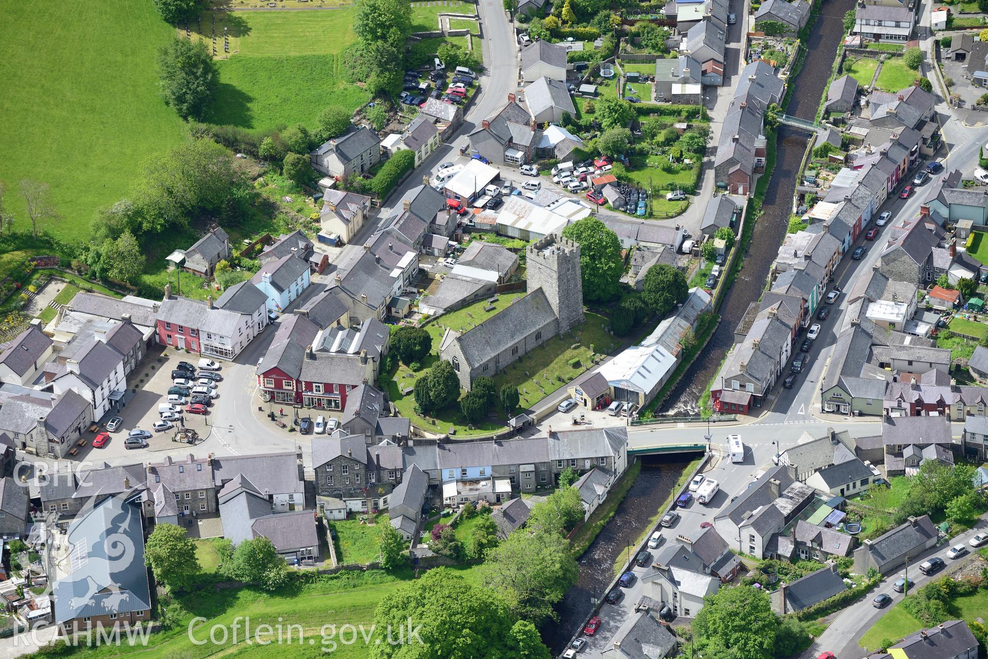 St Caron's Church and Tregaron Bridge, Tregaron. Oblique aerial photograph taken during the Royal Commission's programme of archaeological aerial reconnaissance by Toby Driver on 3rd June 2015.