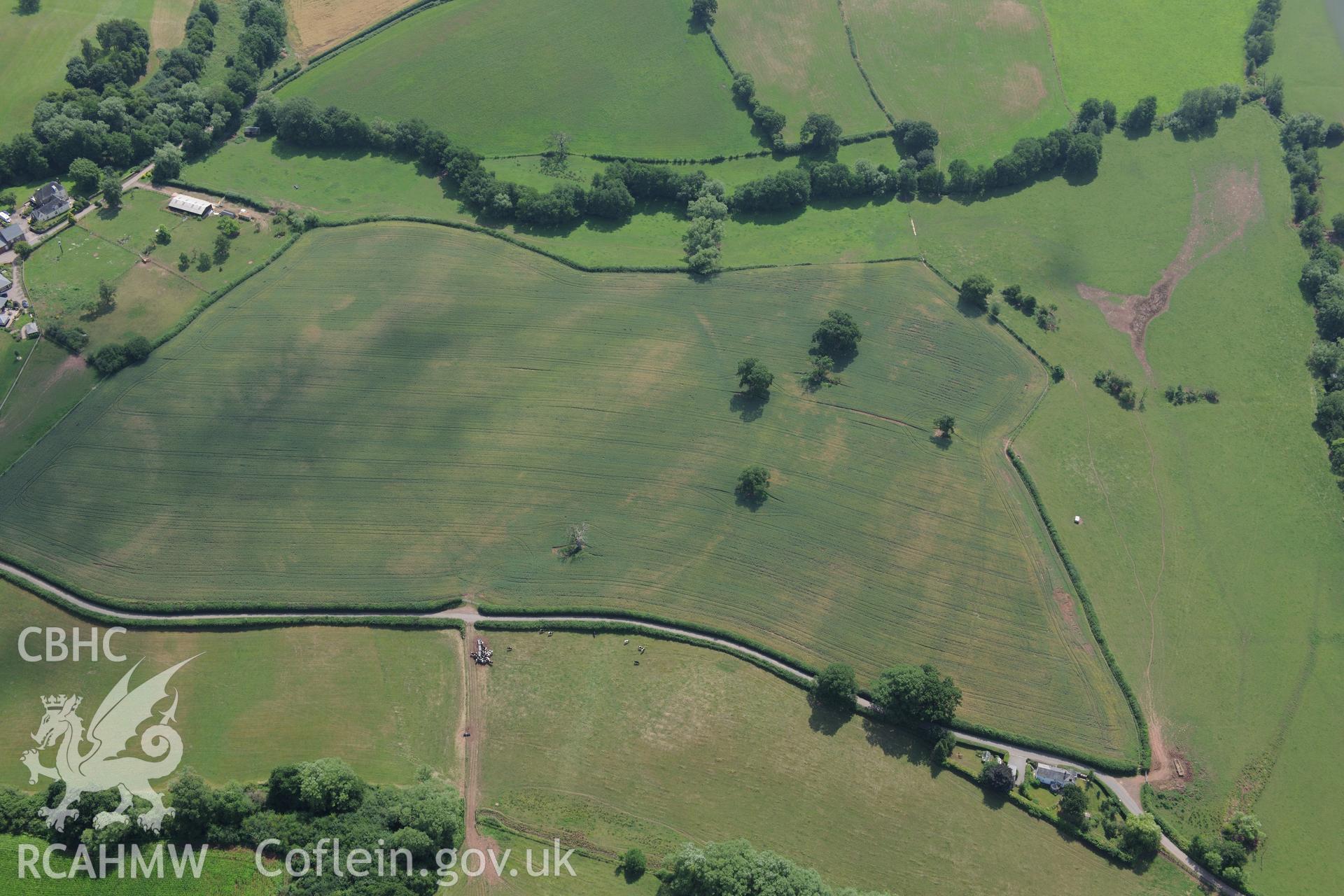 Grace Dieu Cistercian Abbey and the site of a post-medieval house at Abbey Meadow, west of Monmouth. Oblique aerial photograph taken during the Royal Commission?s programme of archaeological aerial reconnaissance by Toby Driver on 1st August 2013.