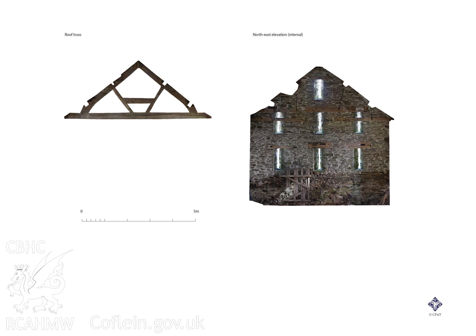 Report illustration labelled 'barn internal' relating to CPAT Project 2355: Little Lloyney Farm, Clyro, Powys, 2019. Prepared by Will Logan of Clwyd Powys Archaeological Trust. Project no. 2355. HER event PRN: 140287. Planning application no. 18/0506/FUL.