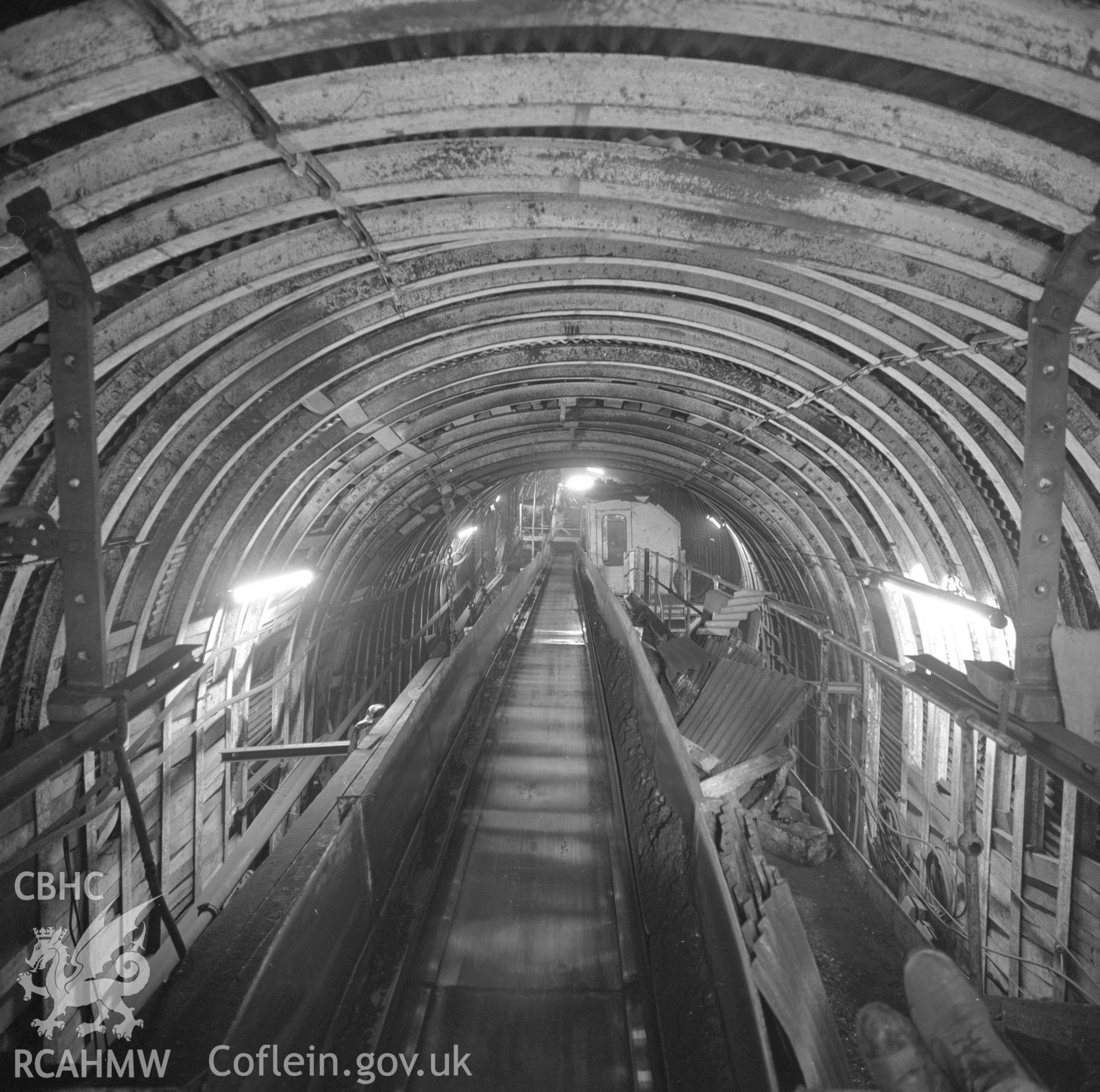 Digital copy of an acetate negative showing interior of underground bunker at Oakdale Colliery, from the John Cornwell Collection.