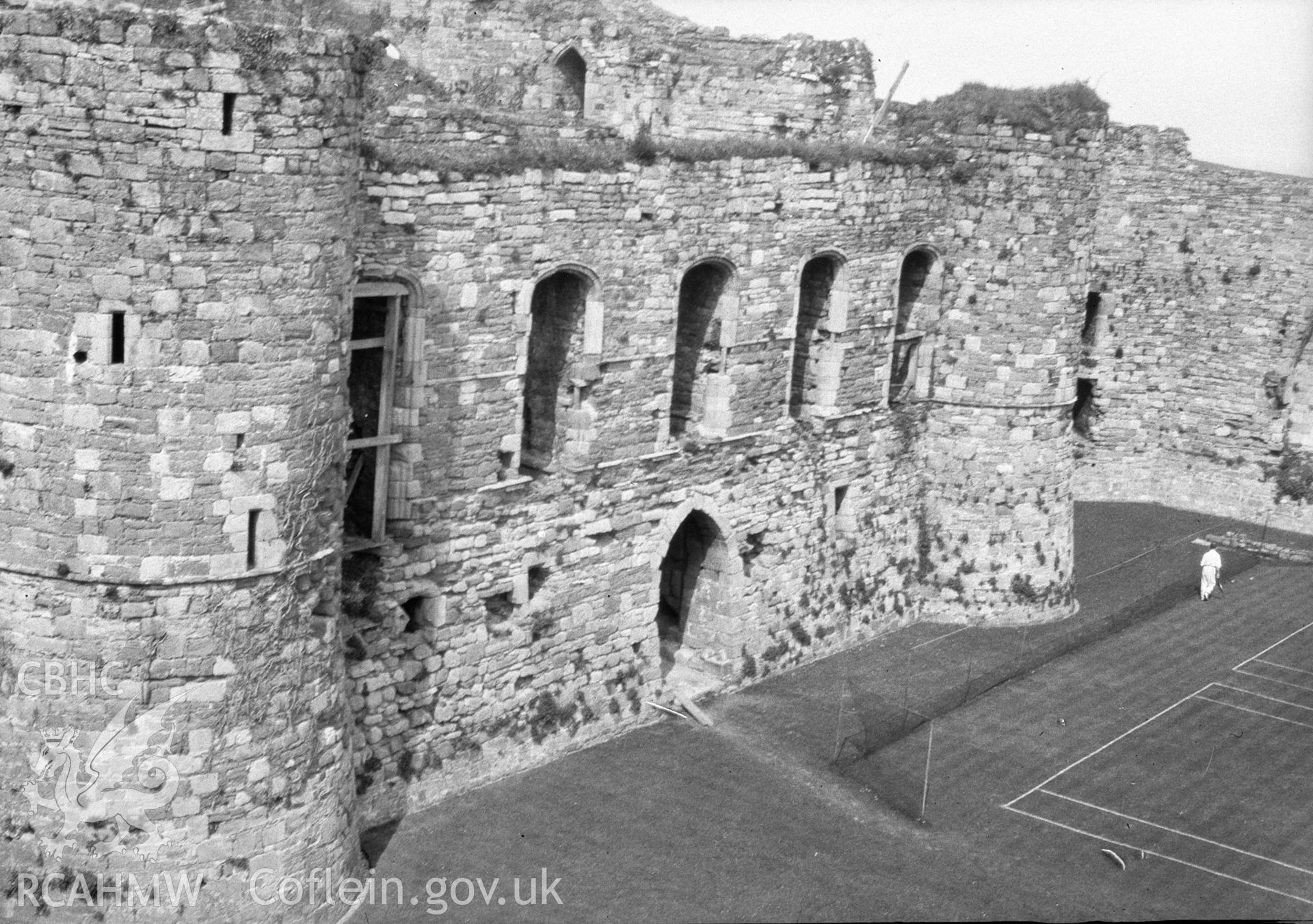 Digital copy of a nitrate negative showing view of Beaumaris Castle.